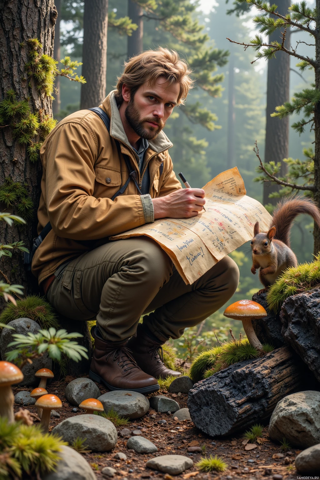 Realistic high quality photo. Male, 34, messy light brown hair, thick blonde beard, blue eyes, wearing a weathered tan jacket and olive cargo pants, mapping a forest trail by hand in afternoon light, with moss‑stained stones, a squirrel perched on a pine, a handwritten mushroom ledger on a mossy stump, and an ash‑blackened firewood pile nearby, surrounded by dense pine trees.