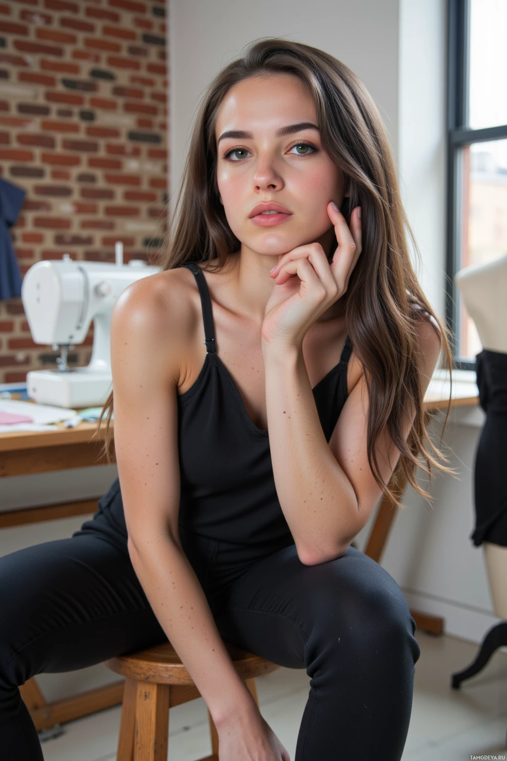 Женщина в черной майке и леггинсах сидит на табурете в комнате с кирпичной стеной и швейной машинкой.