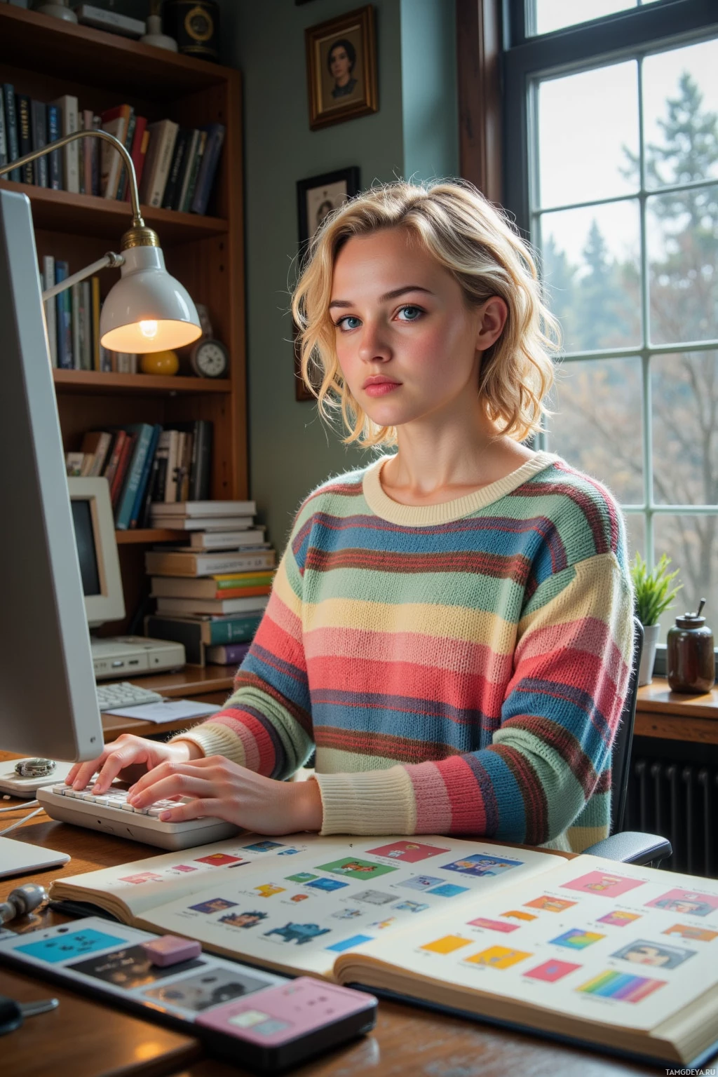 Человек в полосатом свитере сидит за столом и печатает на клавиатуре.