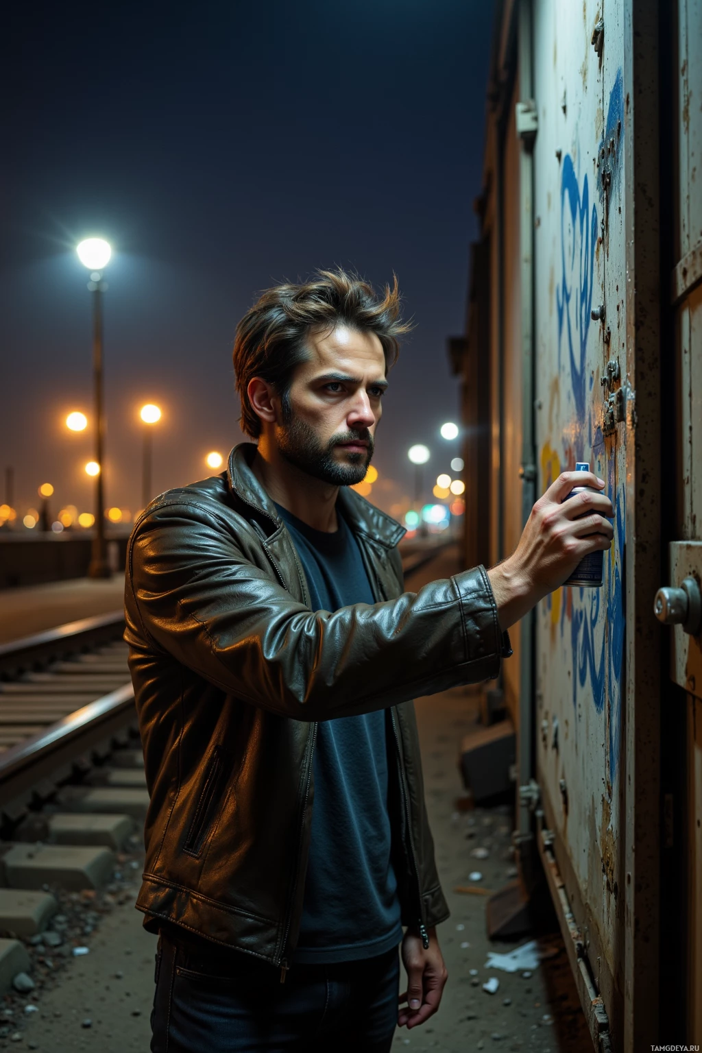 Realistic high quality photo. Rugged 30‑year‑old man with messy dark brown hair, intense brown eyes, olive skin, wearing a worn leather jacket over a black t‑shirt, spray painting a fresh tag on a freight door beside a freight rail track at night under flickering streetlights, distant pier visible, engine hum in the air, gritty urban vibe.