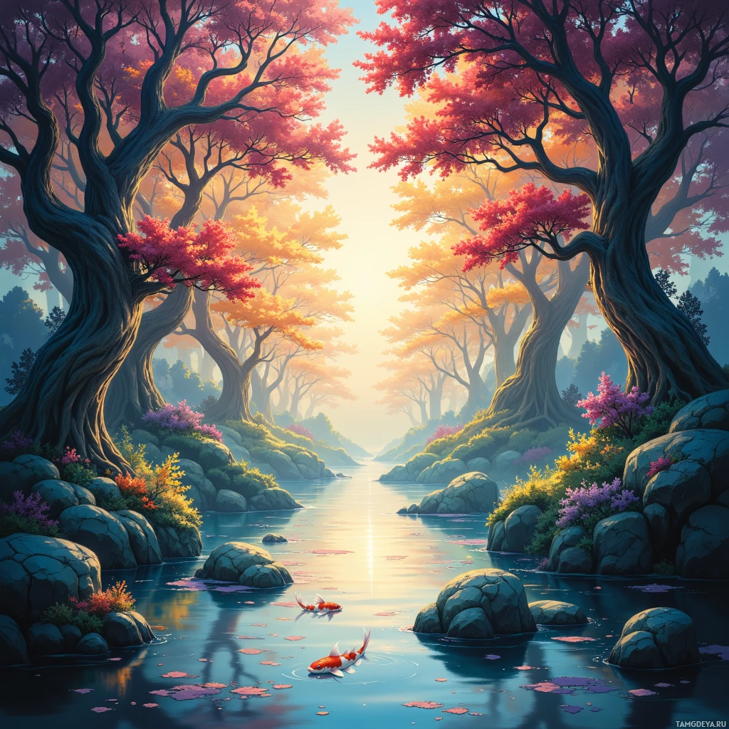 Безмятежный пейзаж с рекой, окруженной разноцветными осенними деревьями, и двумя карпами, плавающими в воде.