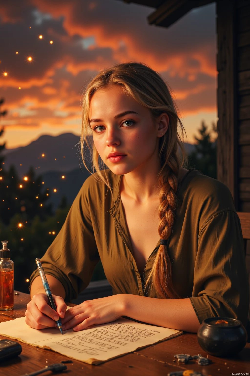 Женщина сидит за столом и пишет ручкой на листе бумаги, на фоне заката.