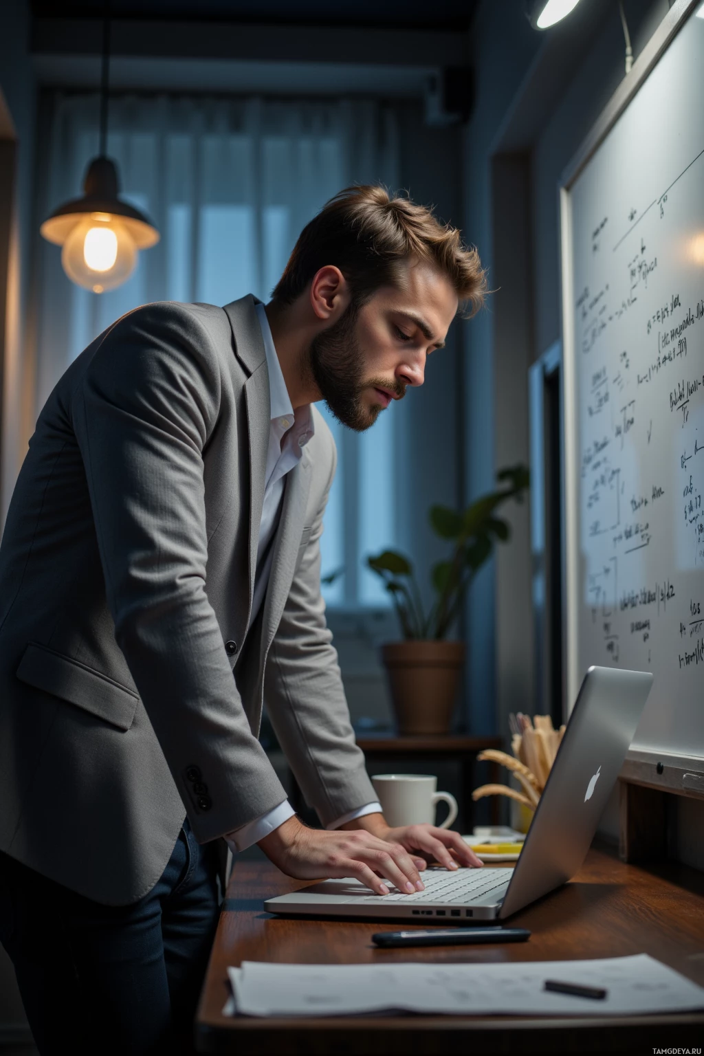 Мужчина в костюме склонился над столом, работая на ноутбуке в полумраке.