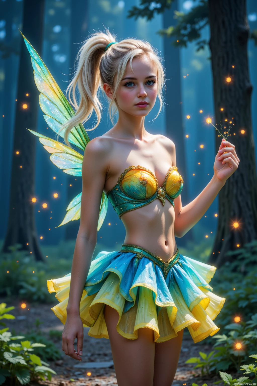 Фигурка, похожая на волшебное существо с крыльями, в голубом и жёлтом платье, стоит в лесу, освещенном мерцающими огнями.