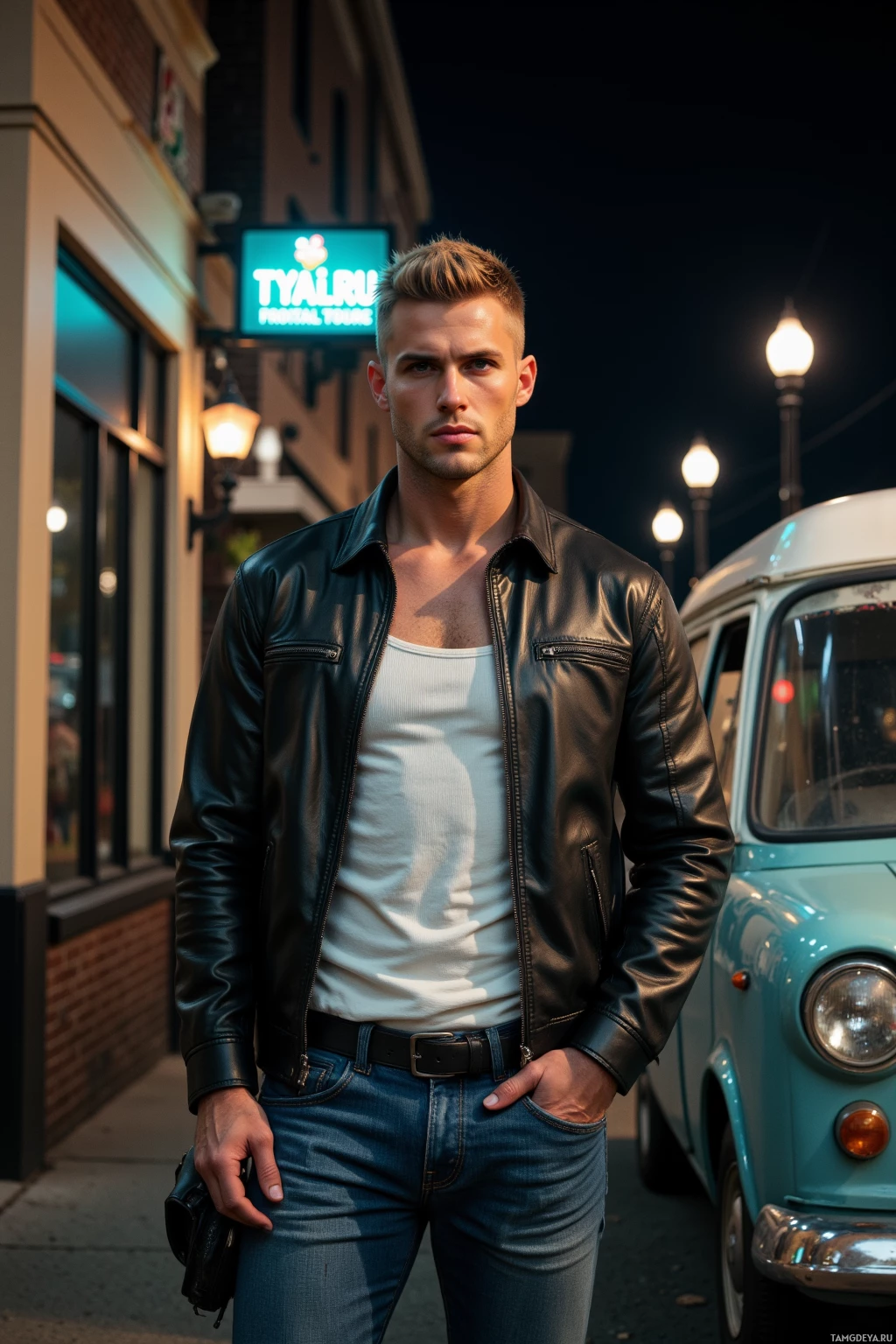 Мужчина в кожаной куртке и джинсах стоит на улице ночью.