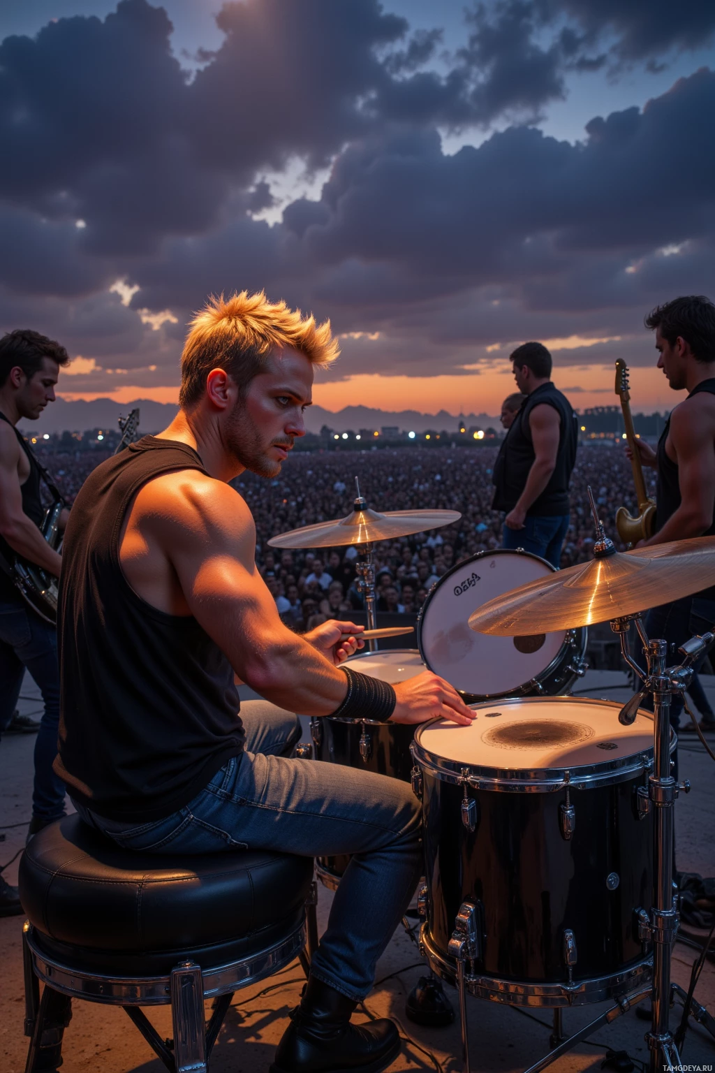 Музыкант играет на барабанах на сцене перед огромной толпой на фоне впечатляющего неба.