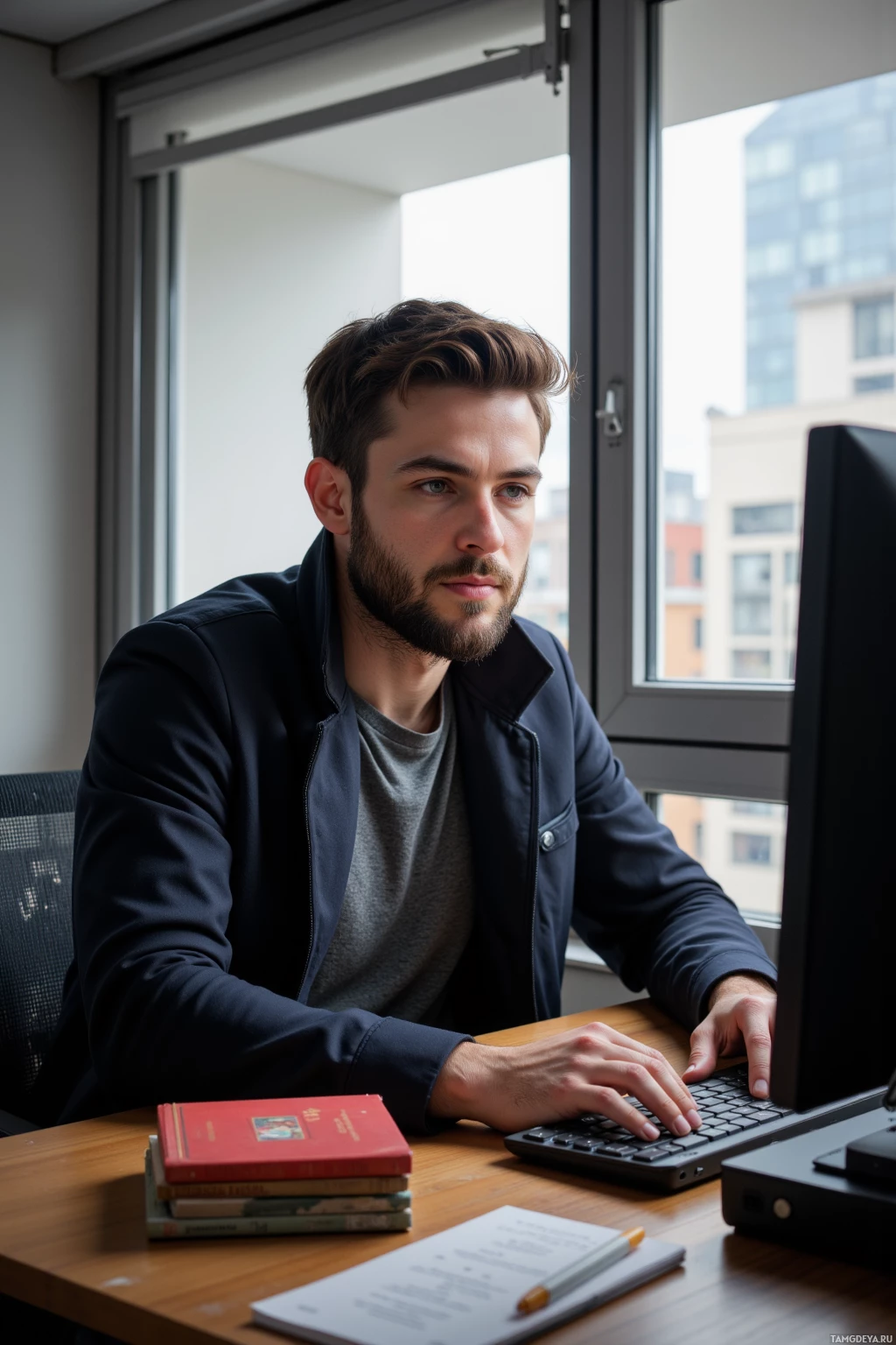 Мужчина сидит за столом и работает на ноутбуке, вокруг – книги и бумаги.