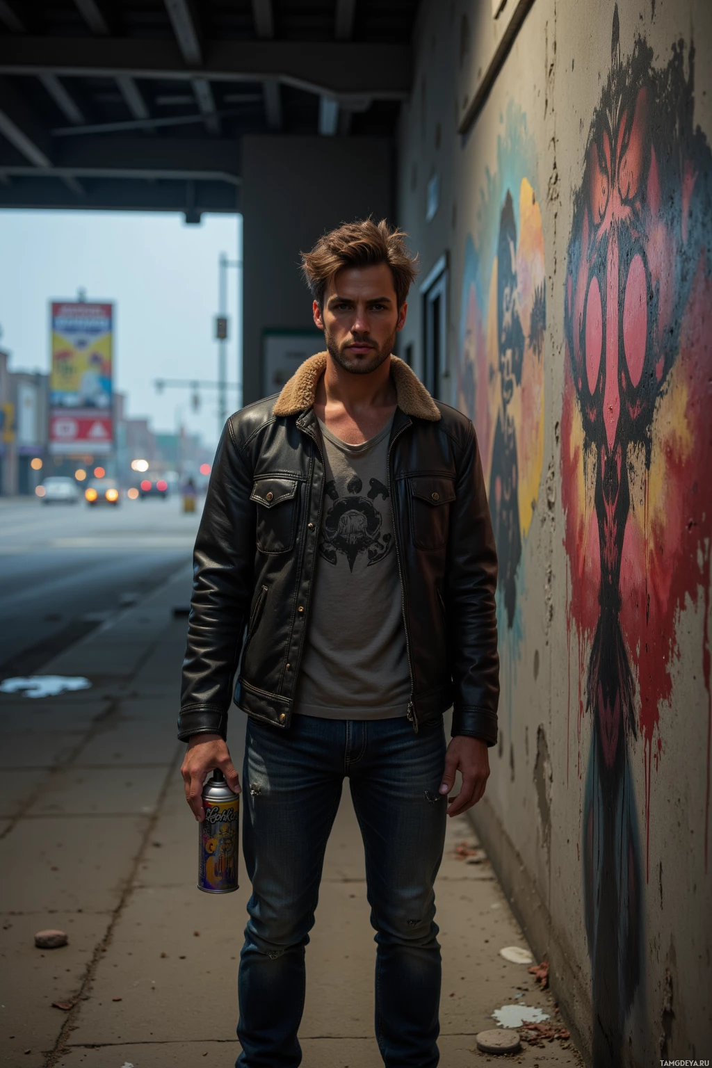 Мужчина стоит на тротуаре возле стены, покрытой граффити, держа в руках баллончик с краской.