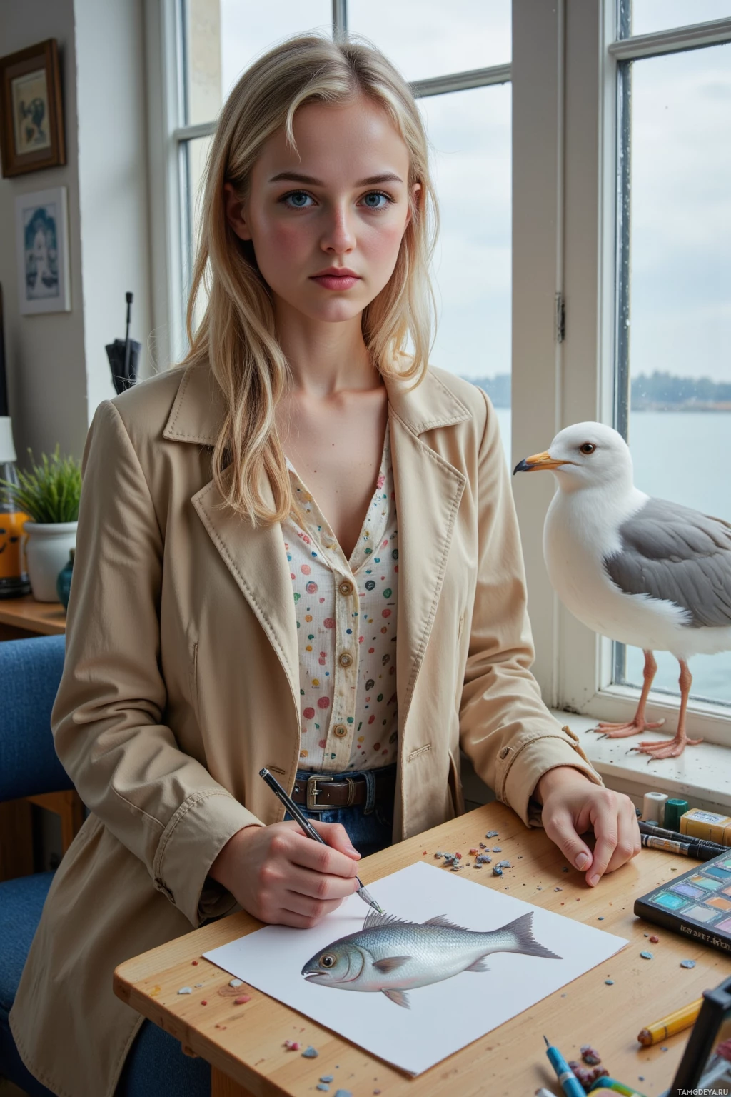 Человек сидит за столом и рисует карандашом рыбу.