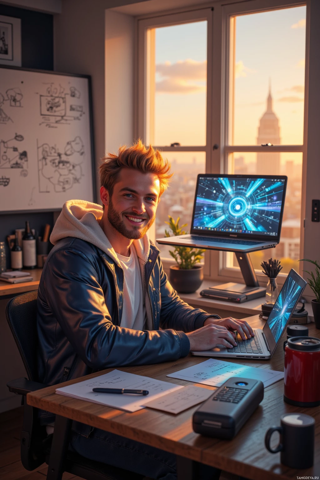 Мужчина сидит за столом в современном офисе, работая на ноутбуке, из окна открывается вид на городской пейзаж.