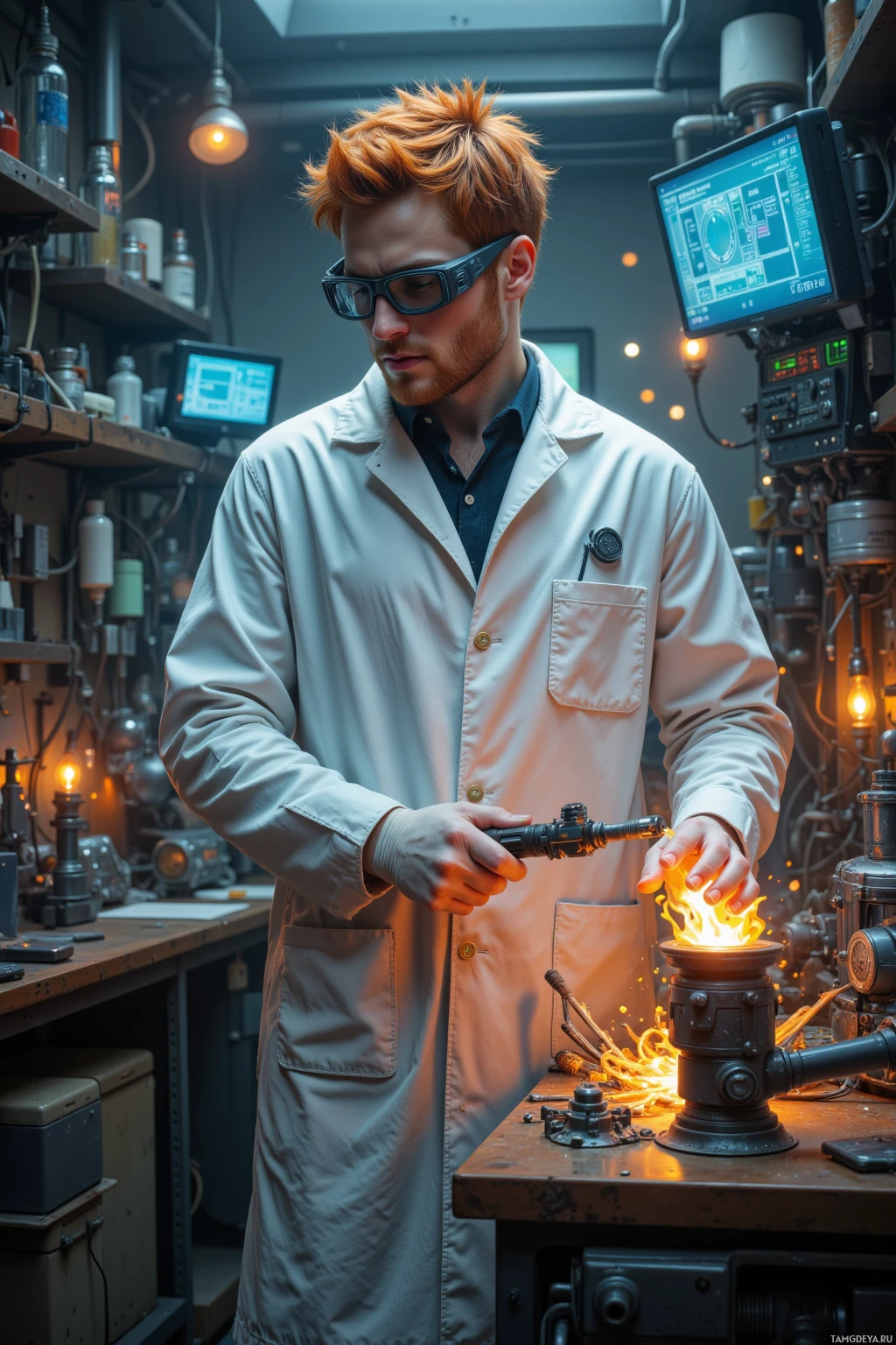 В мастерской работает человек в белом халате, занимающийся светящимся объектом.