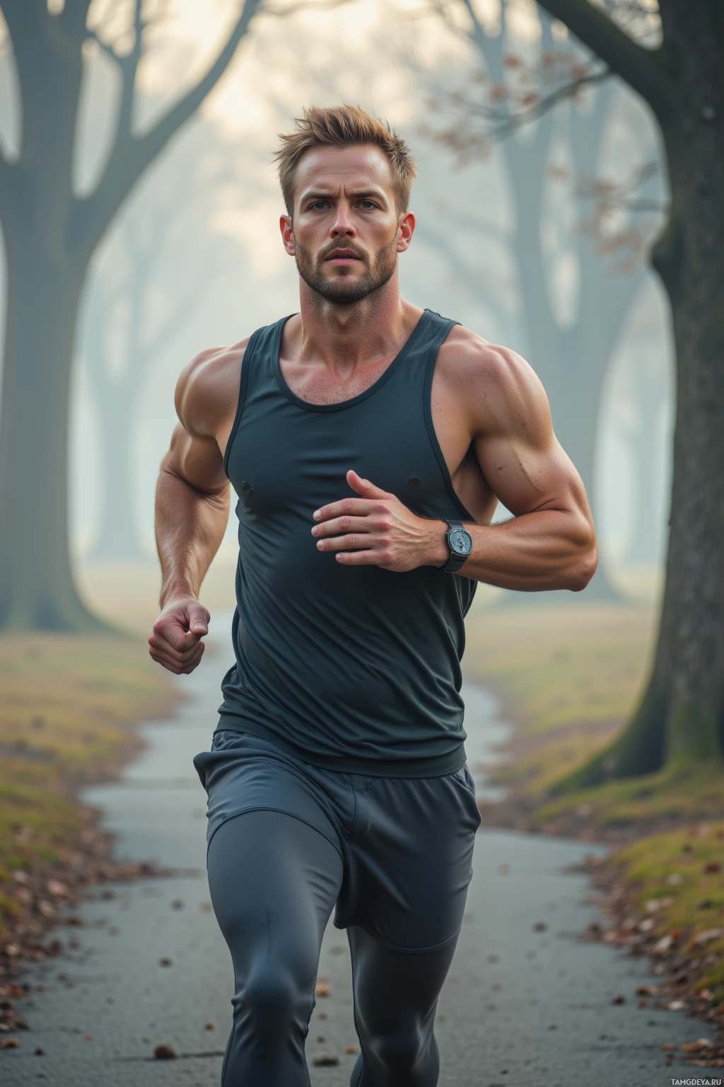 Realistic high quality photo. Tall, athletic male, 33, short blonde hair, blue eyes, strong jawline, wearing a fitted tank top and sweatpants, sprinting on a misty park path at dawn with cold wind whipping around him, sweat glistening on his brow, determined expression, focused posture, morning light filtering through trees.