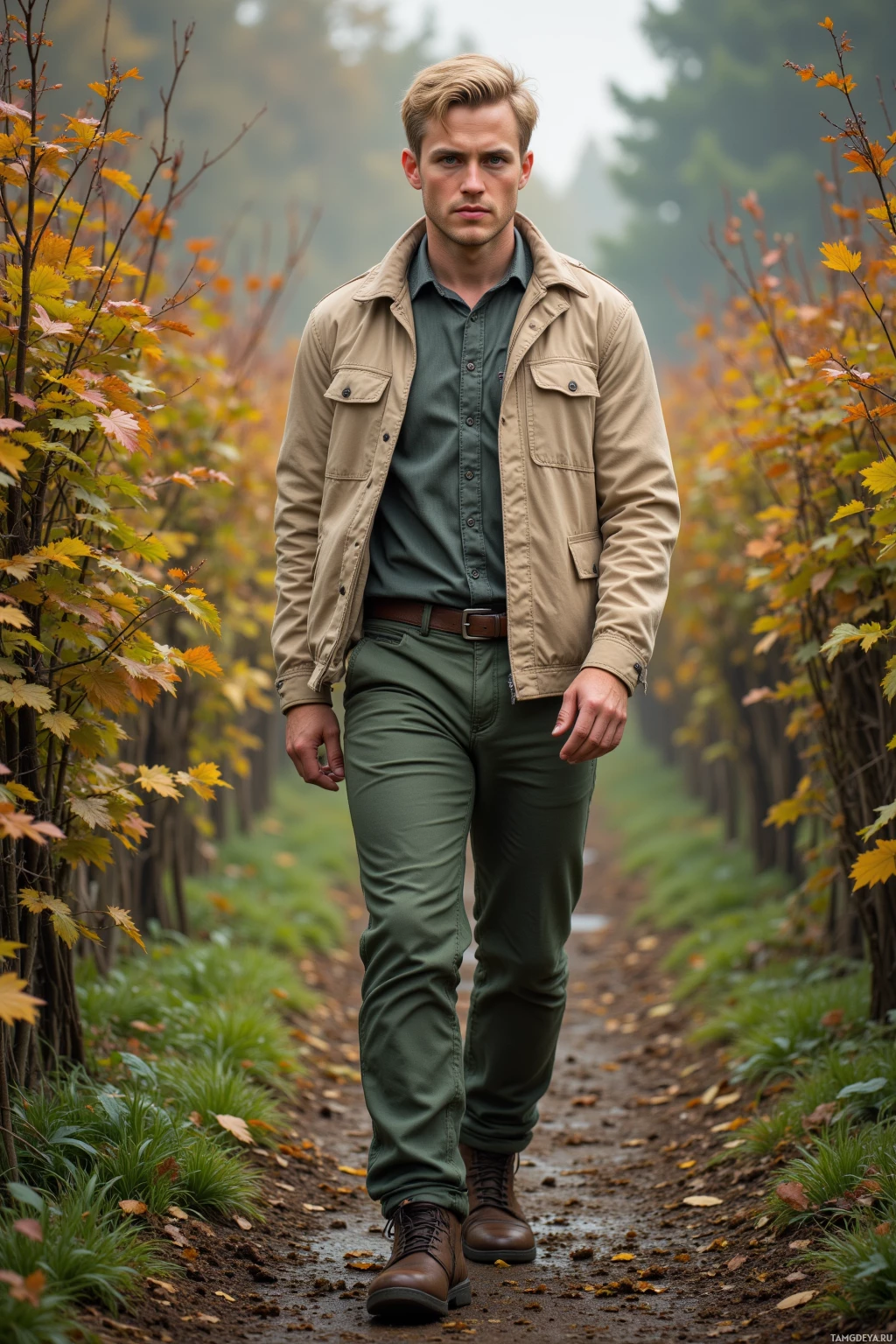 Realistic high quality photo. 29‑year‑old male botanist with short blonde hair, clear blue eyes, fair complexion, wearing a beige jacket and green pants, walking slowly through a leaf‑lined hedgerow with soil under soft morning light, his face calm and contemplative.