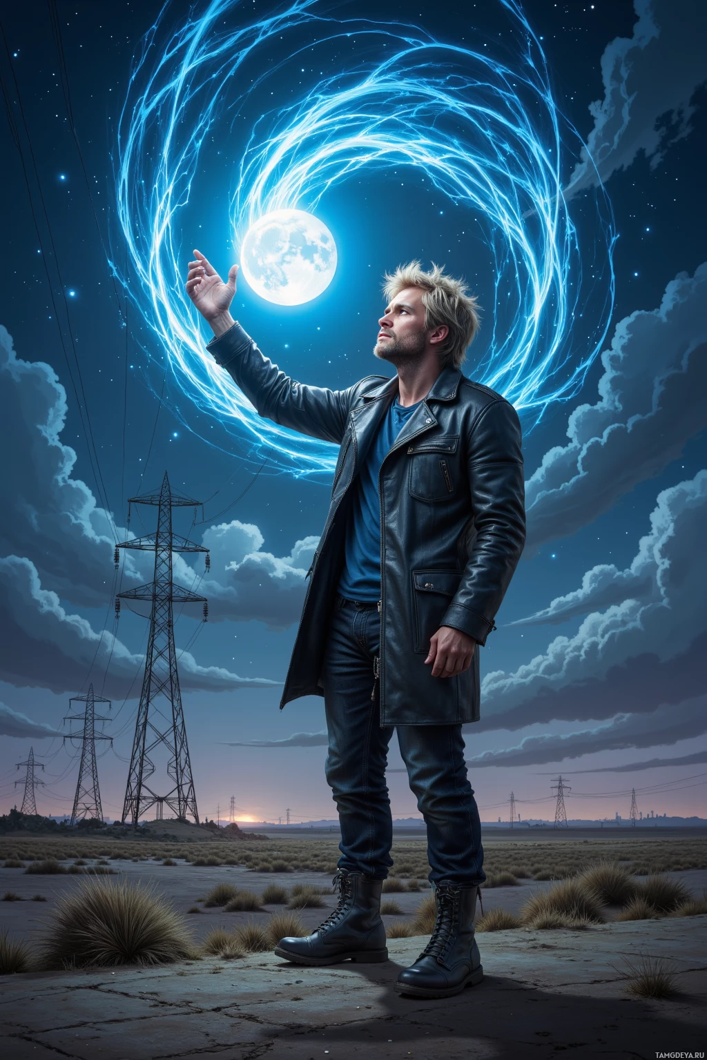 Realistic high quality photo. A 38‑year‑old man with messy blonde hair, piercing blue eyes, wearing a leather coat, black jeans, and scuffed combat boots, stands on a barren, moonlit plain beside a humming transmission line, shaping swirling electric sound waves that ripple like starlight while his tense, focused expression shows frustration.