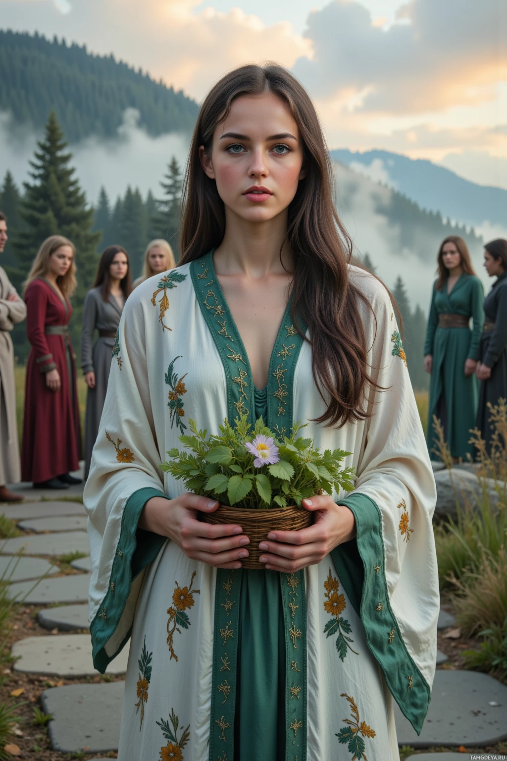 Realistic high quality photo. A slender woman, 28, with long dark hair, calm blue eyes, fair glowing skin, wearing flowing silver and sage‑green elven robes embroidered with celestial and leaf motifs, stands in a misty eastern ridge courtyard at dawn, holding a basket of herbs, chanting softly while a tense council of figures murmurs around her, the air shimmering with subtle healing energy.