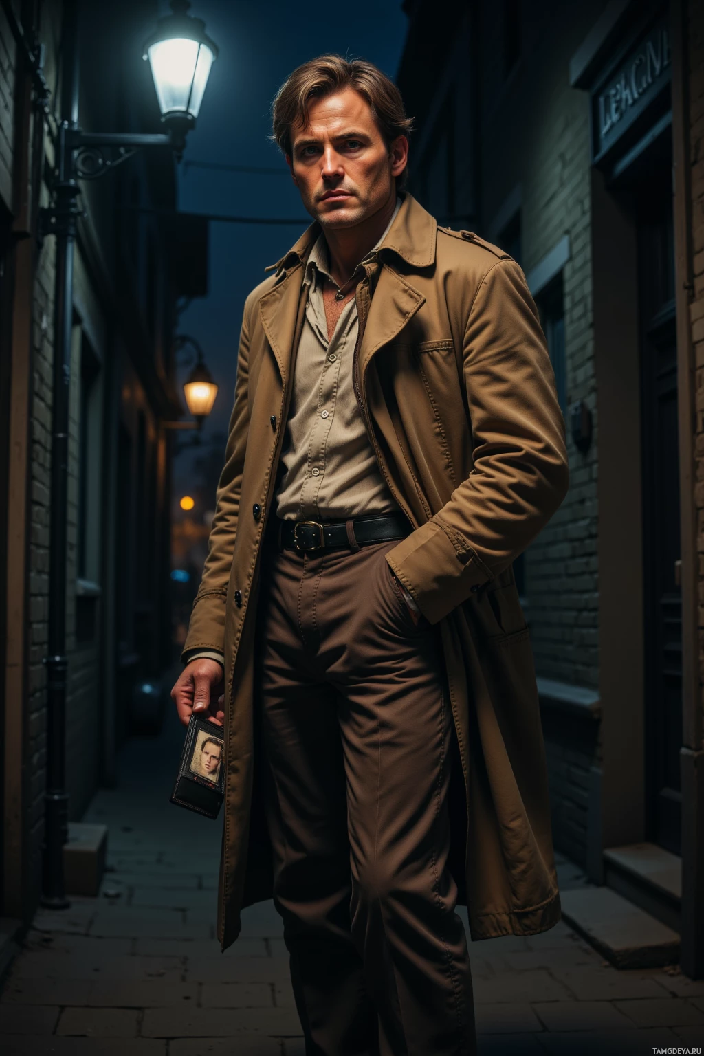 Realistic high quality photo. Man, 38, light brown hair streaked with gray, green eyes, rumpled trench coat over a buttoned shirt and worn slacks, standing in a dim alley at night, holding a cigarette butt in his pocket, glancing at a single flickering streetlamp, with a battered wallet displaying a 1998 headshot, exuding weary detective vibe.