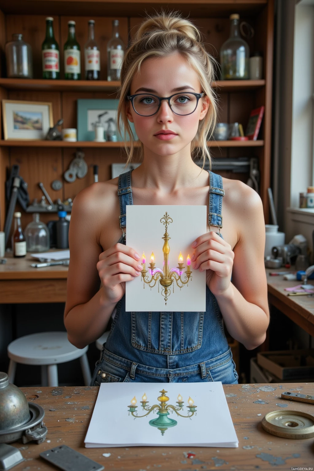 Realistic high quality photo. Female, 29, messy blonde bun, bright blue eyes behind glasses, wearing casual overalls, standing in a cluttered workshop at late afternoon, holding a sketch of a tiny chandelier made from old soda bottles and neon wire, with scattered metal scraps and a spool of wire on a workbench, a small brass hinge resting on a table, looking focused yet slightly distracted.
