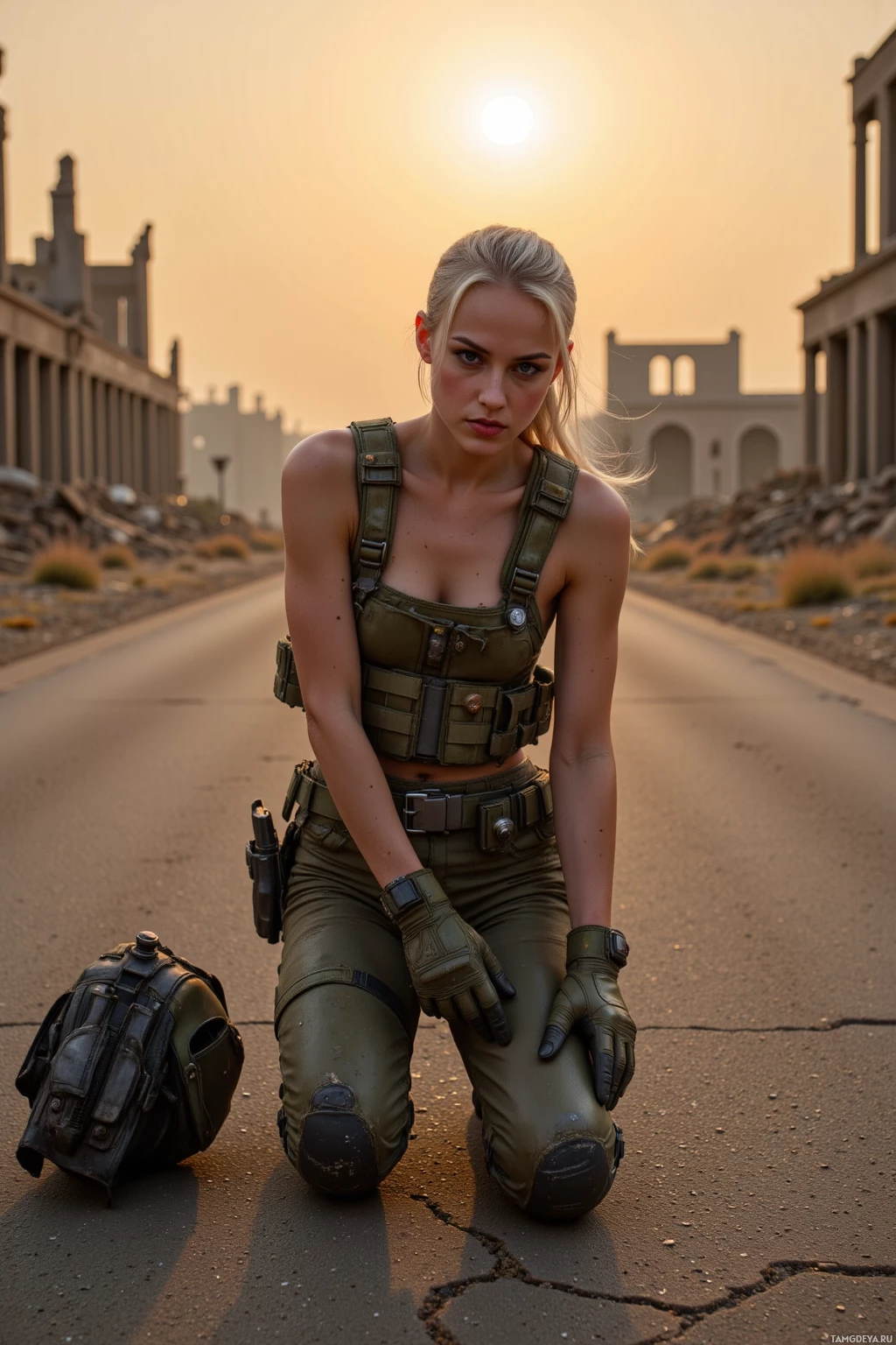 Человек в военной форме опустился на колени на потрескавшемся асфальте на фоне заката.