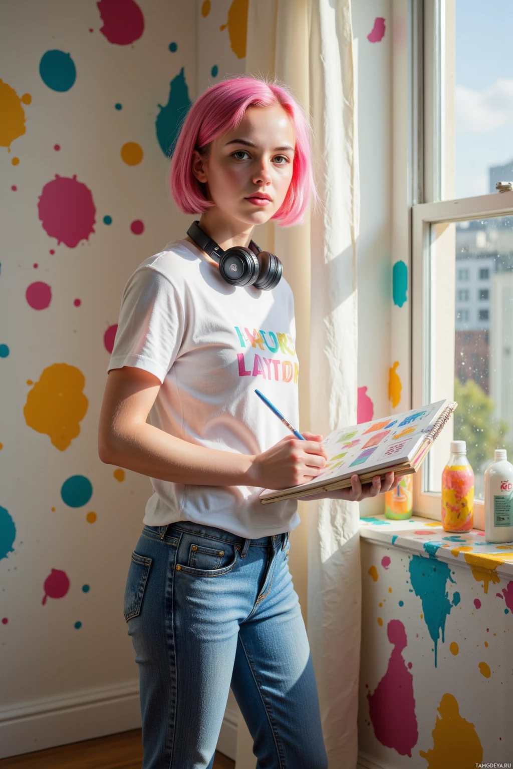 Realistic high quality photo. 18-year-old woman with short vibrant pink hair, green eyes, wearing a graphic t‑shirt, jeans and sneakers, standing in a sunlit living room with paint splashed across the walls, sketchbook open, headphones around her neck, early morning light filtering through a window, a gentle breeze lifting a curtain.