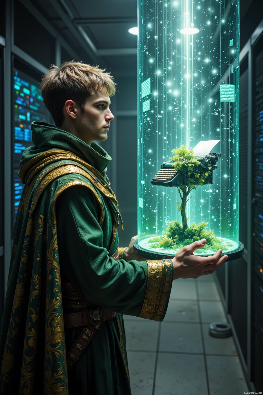 Человек в зеленом одеянии держит светящееся цилиндрическое устройство, внутри которого видны дерево и пишущая машинка.