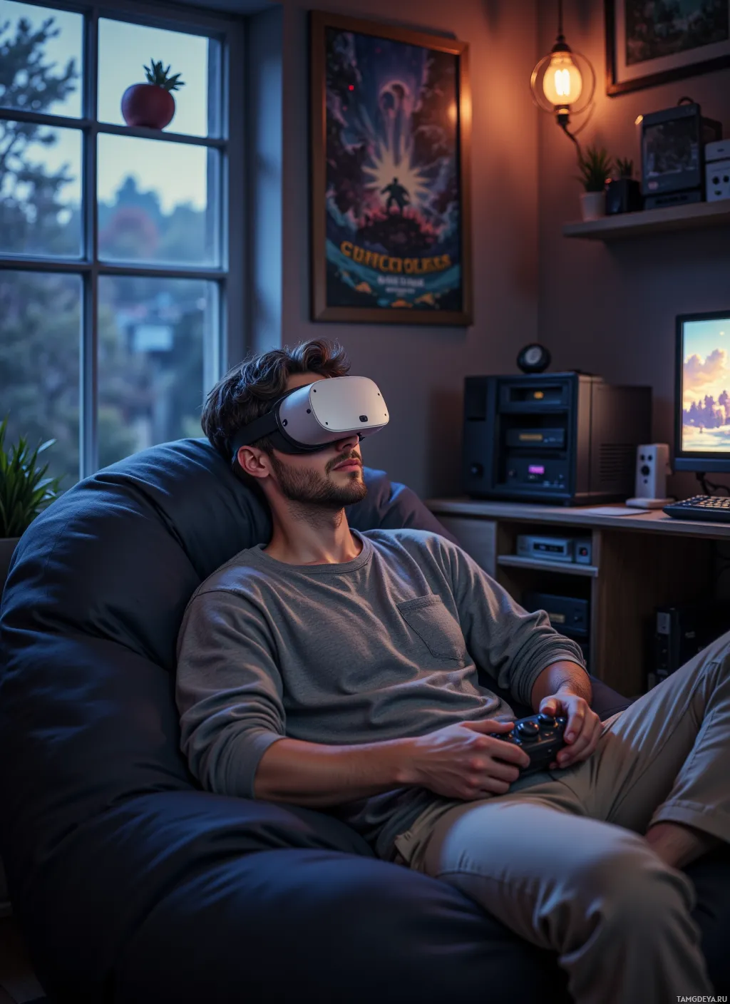 Человек в VR-шлеме сидит в кресле-мешке, держа в руках контроллер, на заднем плане уютная комната.