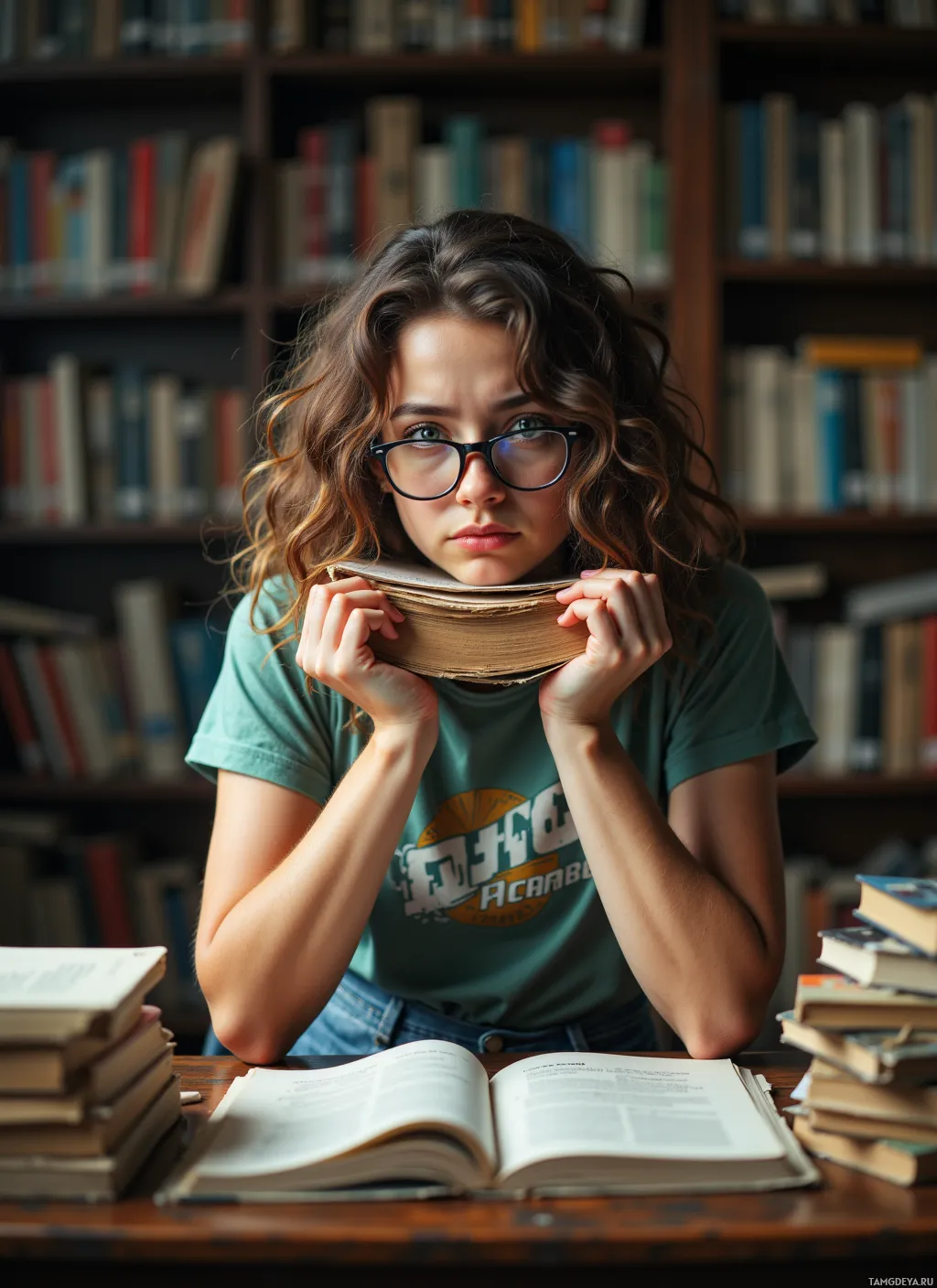 Человек в очках и зеленой рубашке держит раскрытую книгу перед лицом, вокруг – книги на деревянном столе и полках.