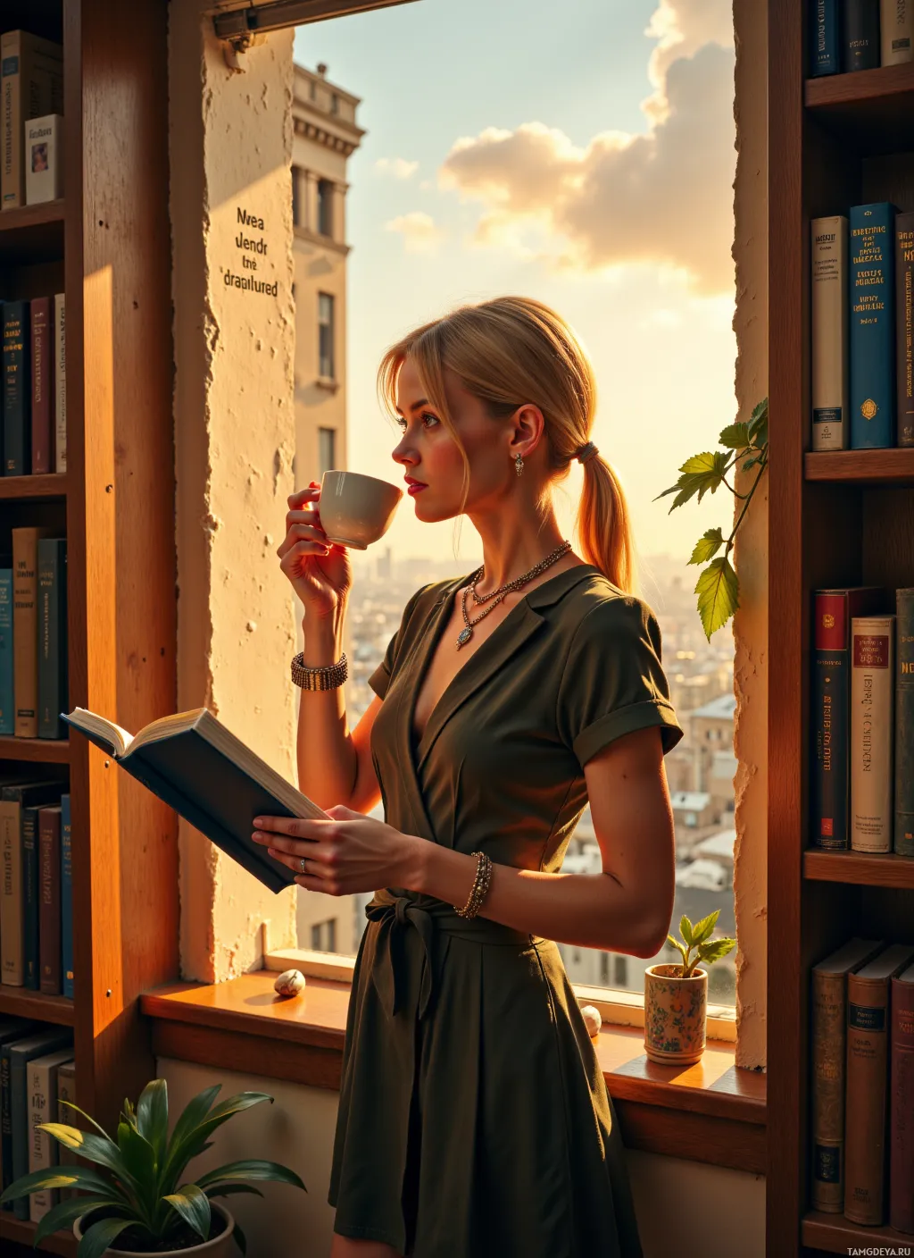 Женщина стоит у окна, читает книгу и пьёт кофе, на заднем плане вид города и книжные полки.