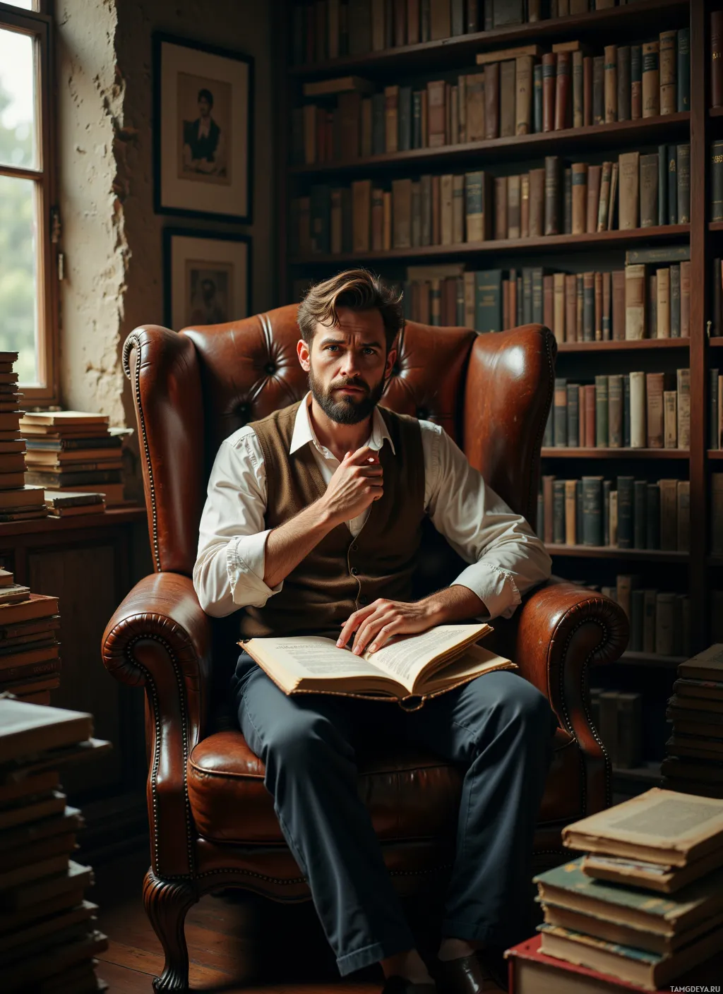 Мужчина сидит в кожаном кресле в библиотеке, окруженный книгами, держа в руках раскрытую книгу.