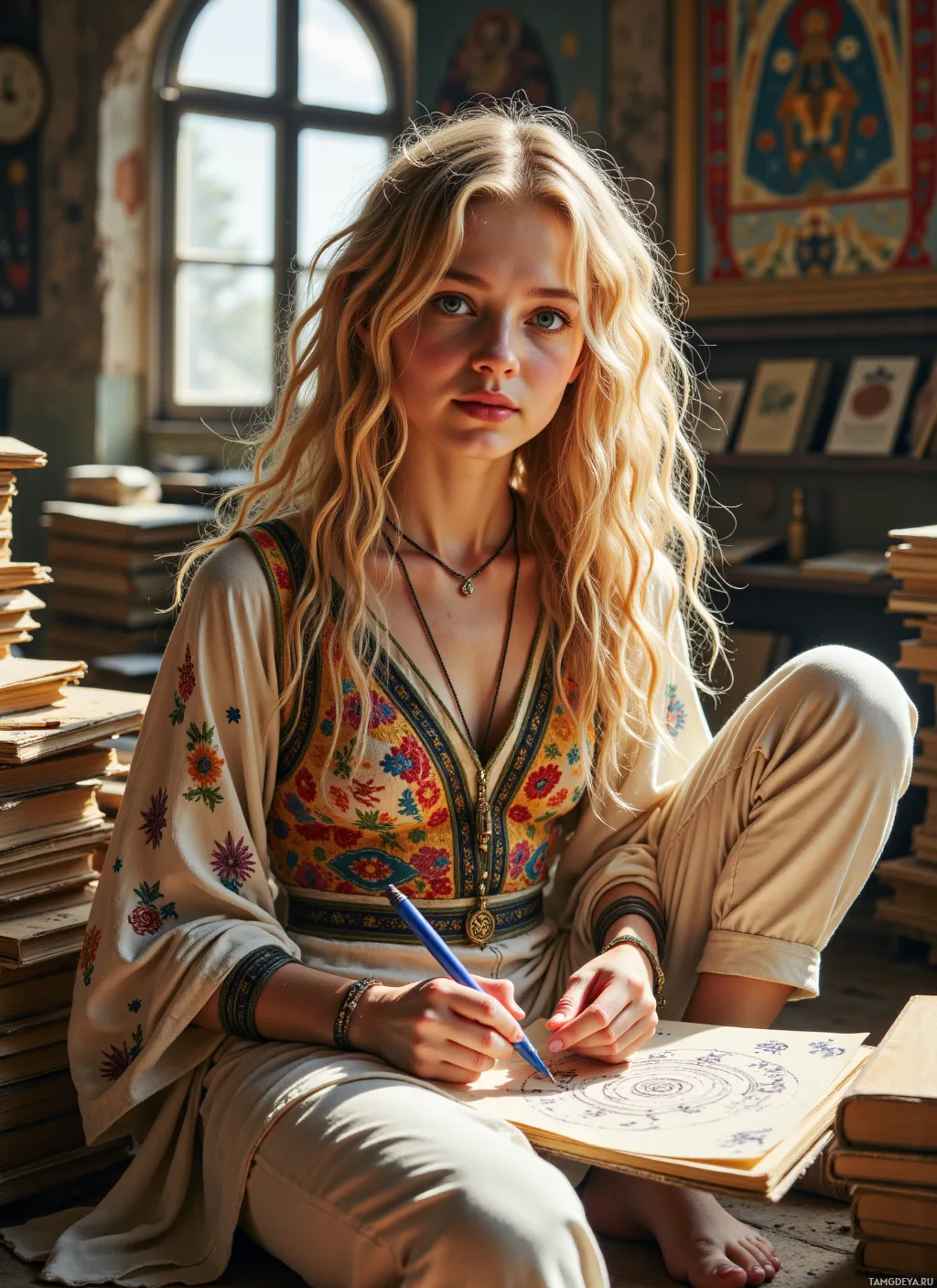 Женщина сидит, скрестив ноги, и рисует в блокноте в комнате, полной книг и декоративных элементов.