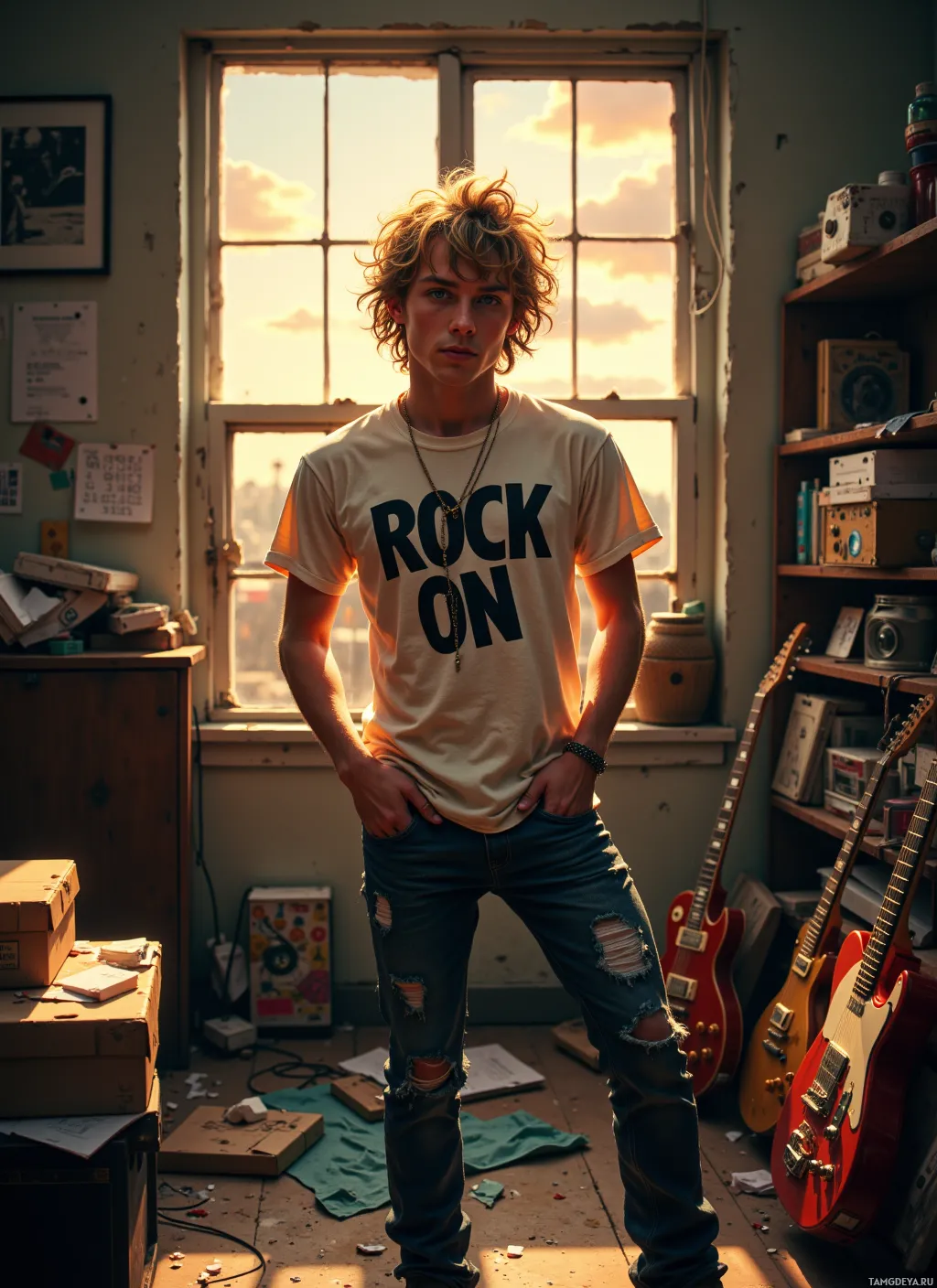 Молодой человек стоит в комнате с окном, одетый в футболку с надписью "ROCK ON" и рваные джинсы.
