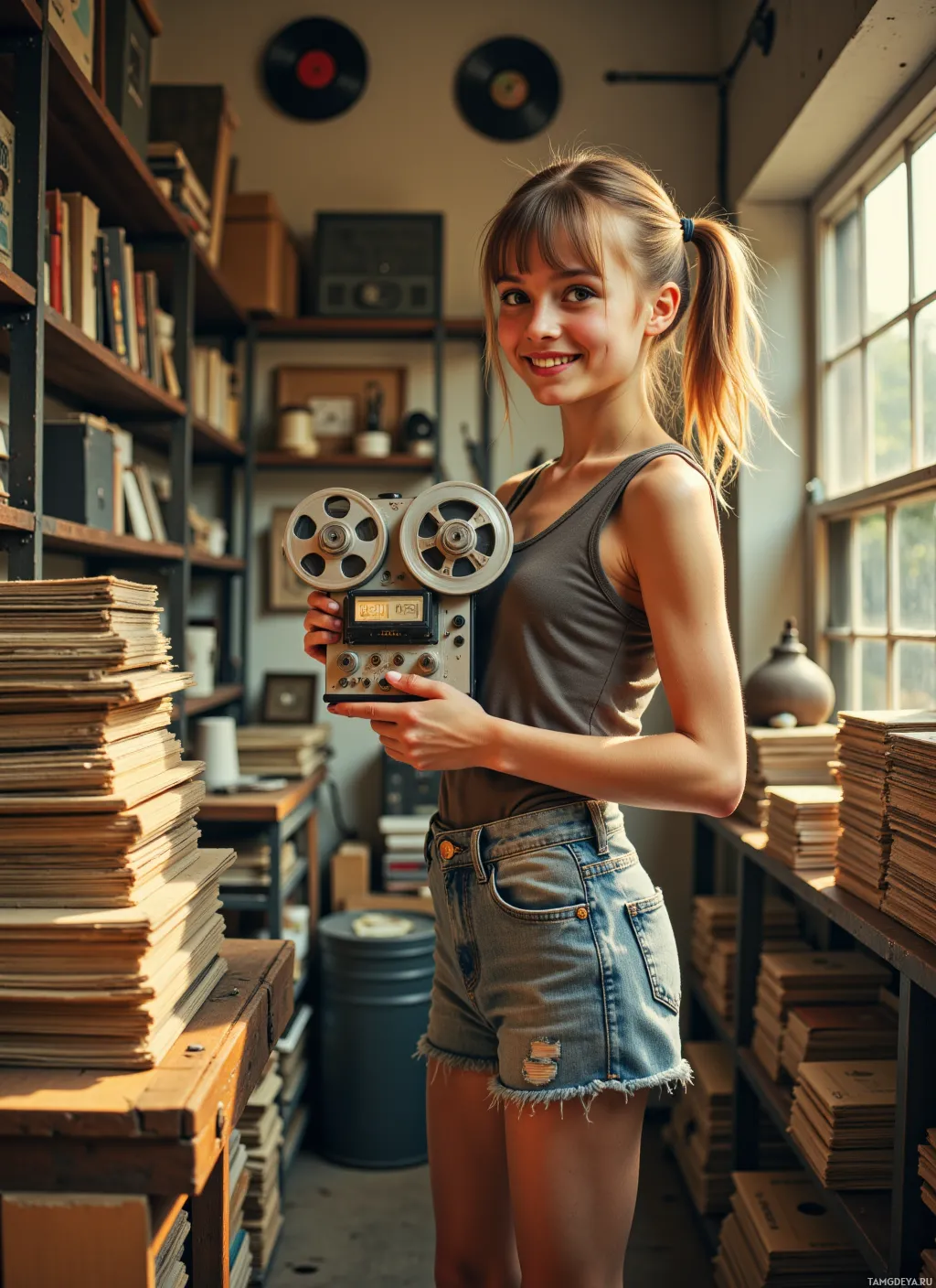 Молодая женщина стоит в комнате, заставленной книгами и старинными вещами, держа в руках катушечный магнитофон.
