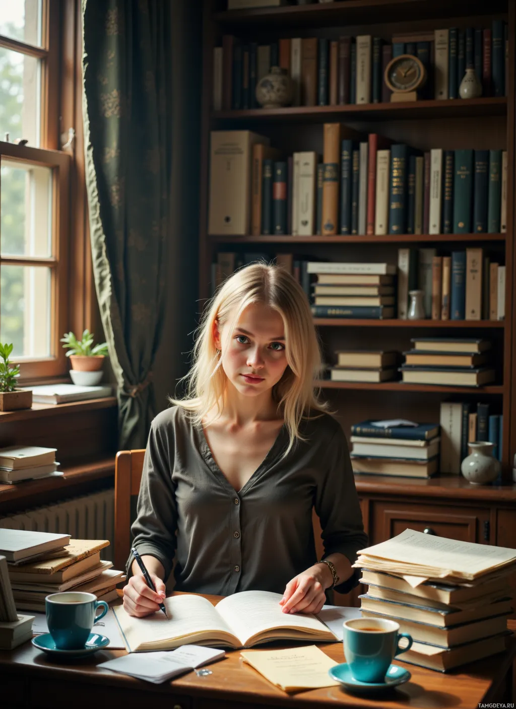 Женщина сидит за столом в кабинете, окруженная книгами и чашкой чая, и что-то записывает в блокнот.