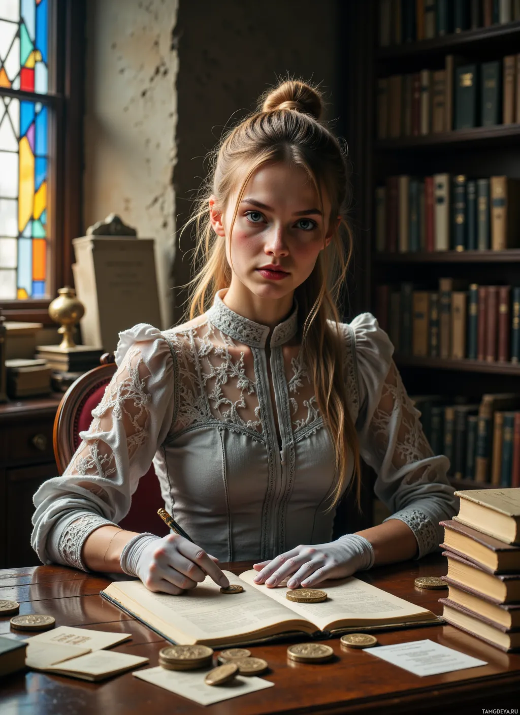 Женщина в платье викторианского стиля сидит за столом, заваленным книгами и монетами, словно увлеченно изучая что-либо или работая.