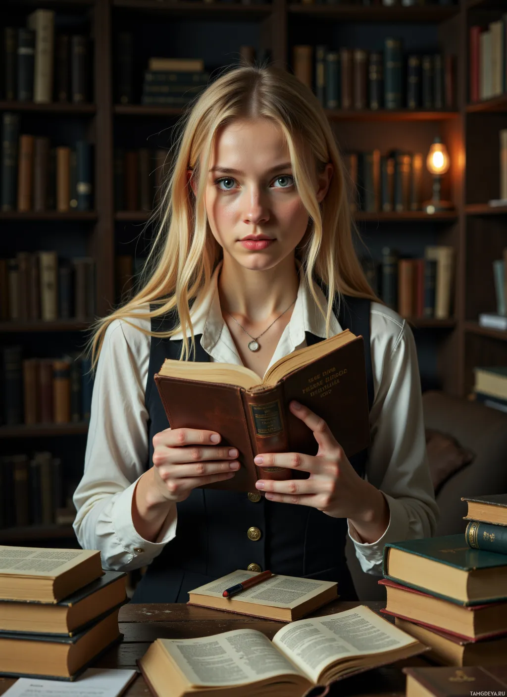 Молодая женщина в библиотеке, держащая открытую книгу и окруженная книжными полками.