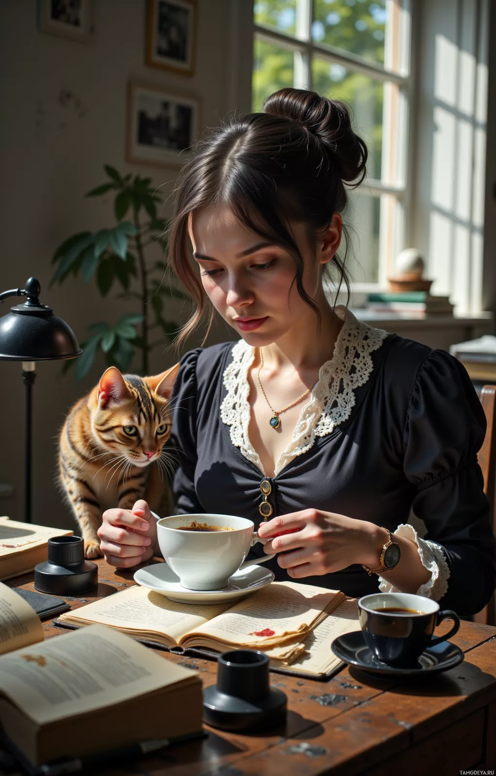 Женщина сидит за столом с кошкой, держа в руках чашку кофе, вокруг – книги и лампа.