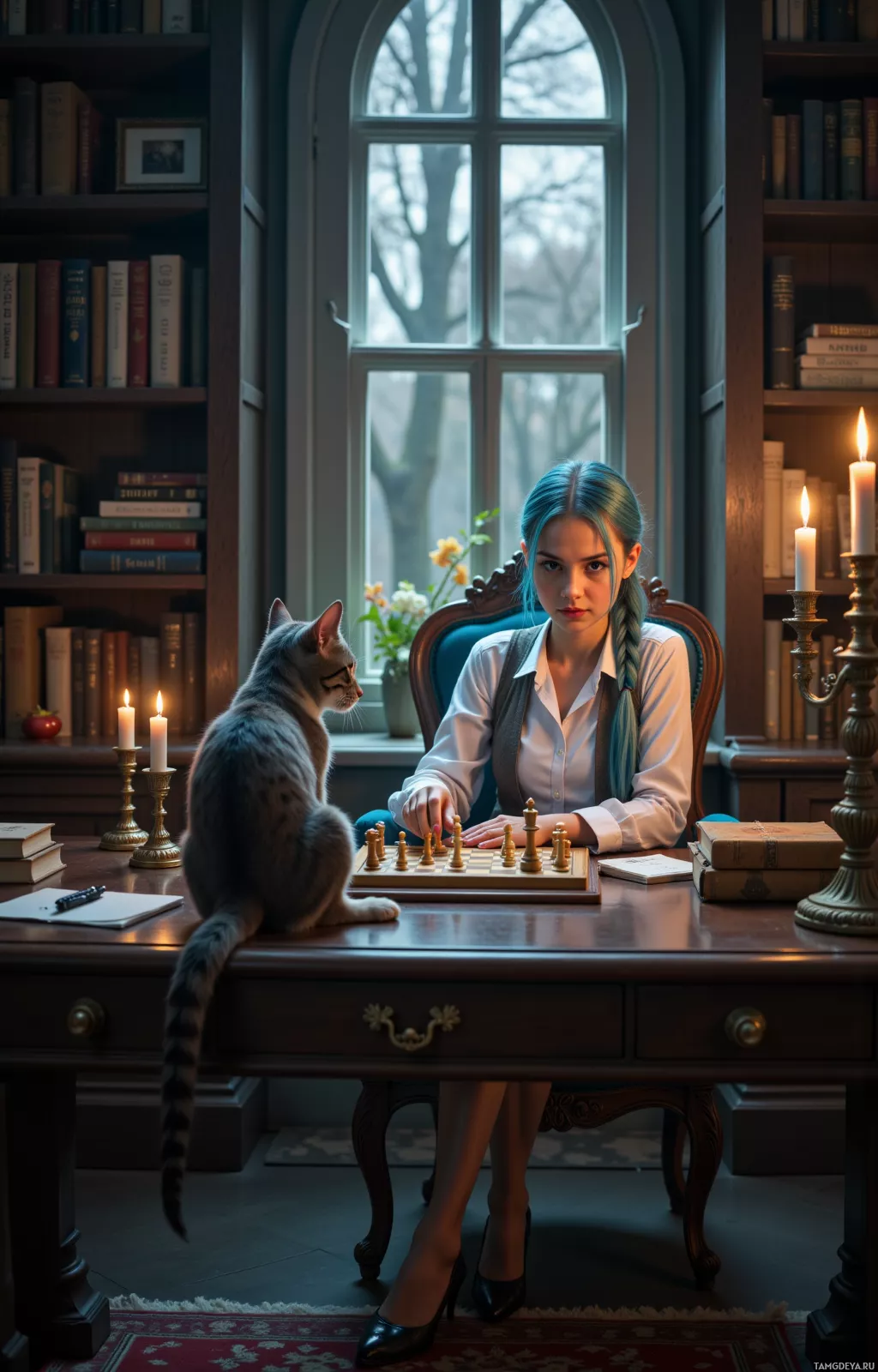 Женщина и кошка играют в шахматы за столом в библиотеке.