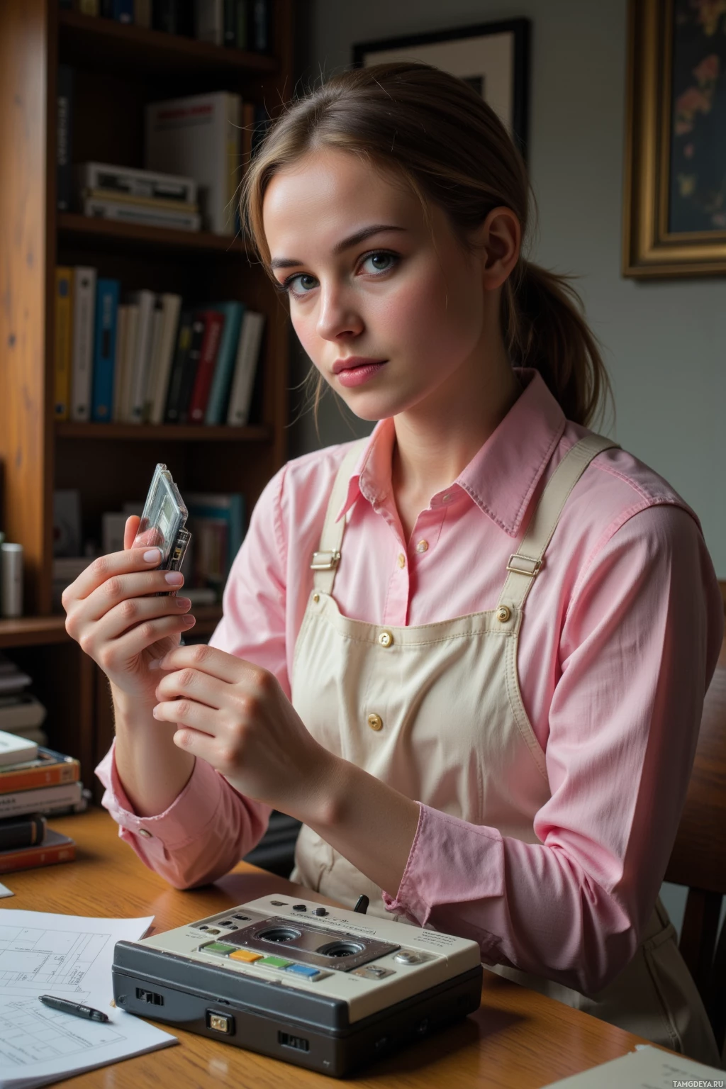 В комнате с книжным шкафом человек в розовой рубашке и бежевом комбинезоне держит в руках небольшое электронное устройство, похожее на кассетный магнитофон.