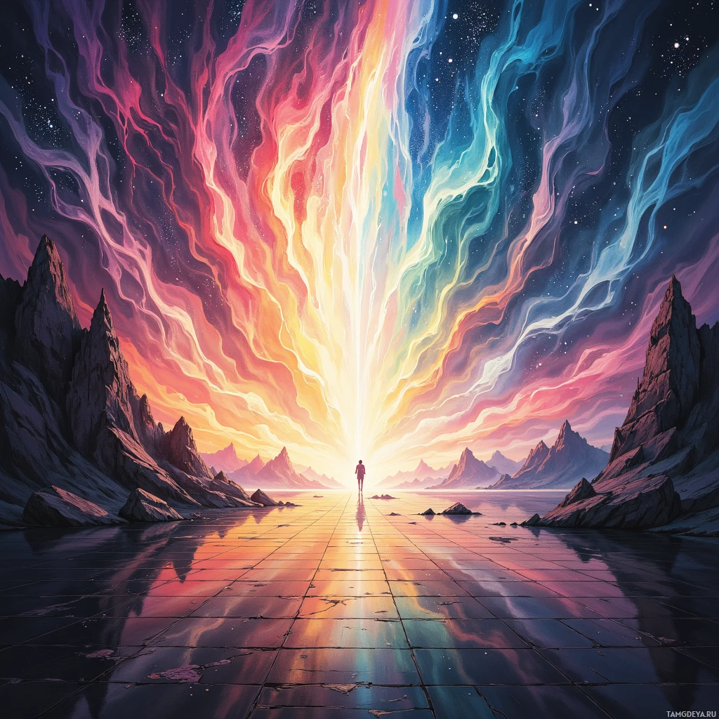 Человек стоит на отражающейся дорожке, ведущей к яркому, красочному небу с кружащимися облаками и далёкими вершинами гор.