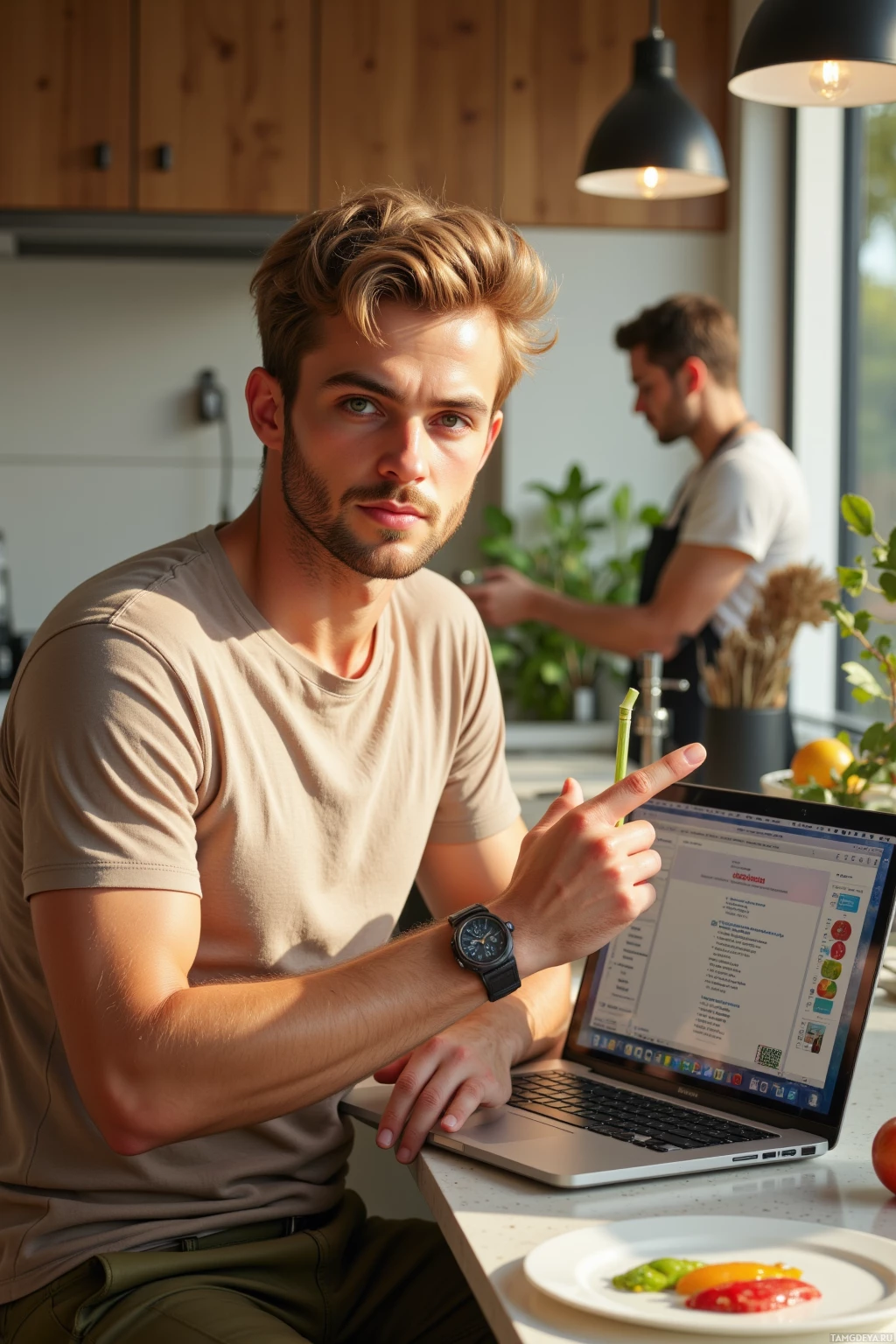 Мужчина сидит за кухонным столом и указывает на экран ноутбука, на заднем плане видна ещё одна фигура.