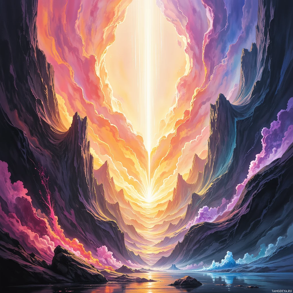 Яркий, сказочный пейзаж с возвышающимися, зубчатыми скалами и сияющим источником света на горизонте.