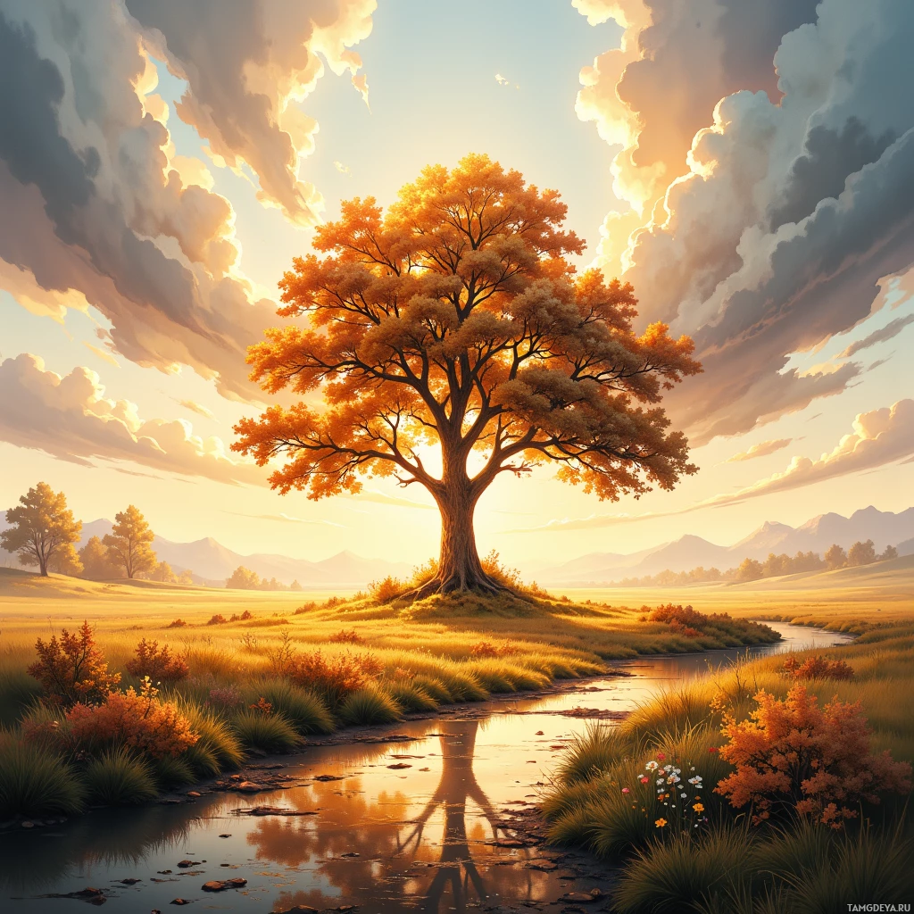Безмятежный пейзаж с одиноким деревом в золотой листве, тихой рекой и горами на горизонте под переменной облачностью.