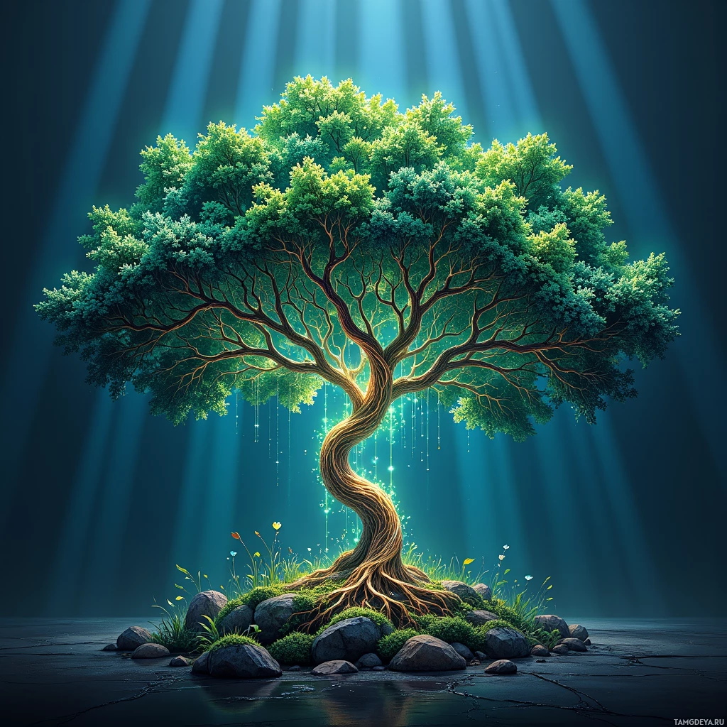 Яркое, залитое солнцем дерево с пышной зеленой листвой и сложной кроной возвышается на скалистом острове, окруженном водой.