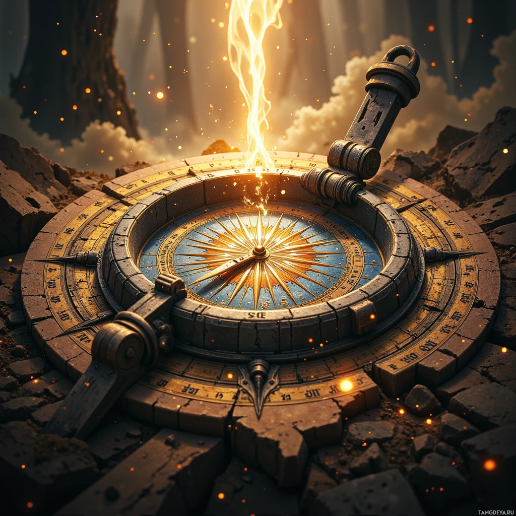 Компас со светящейся стрелкой лежит на каменистой земле под впечатляющим небом.