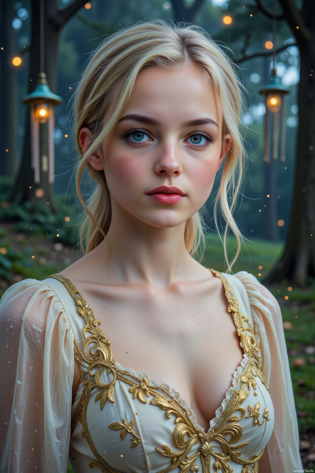 В лесу стоит женщина с золотистыми волосами и голубыми глазами, одетая в богато украшенное кремовое платье с золотой вышивкой.