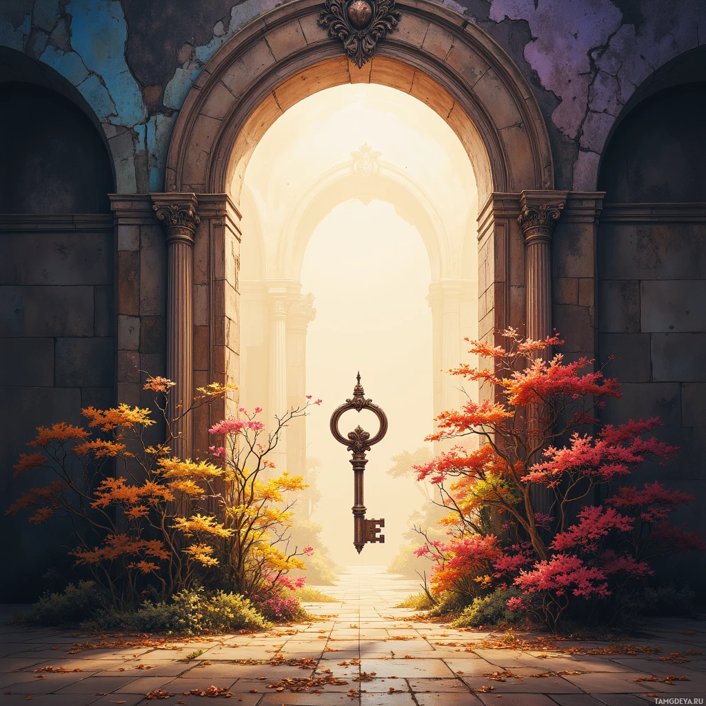 Величественный арочный проход ведет к залитой солнцем тропинке, украшенной разноцветной осенней листвой.