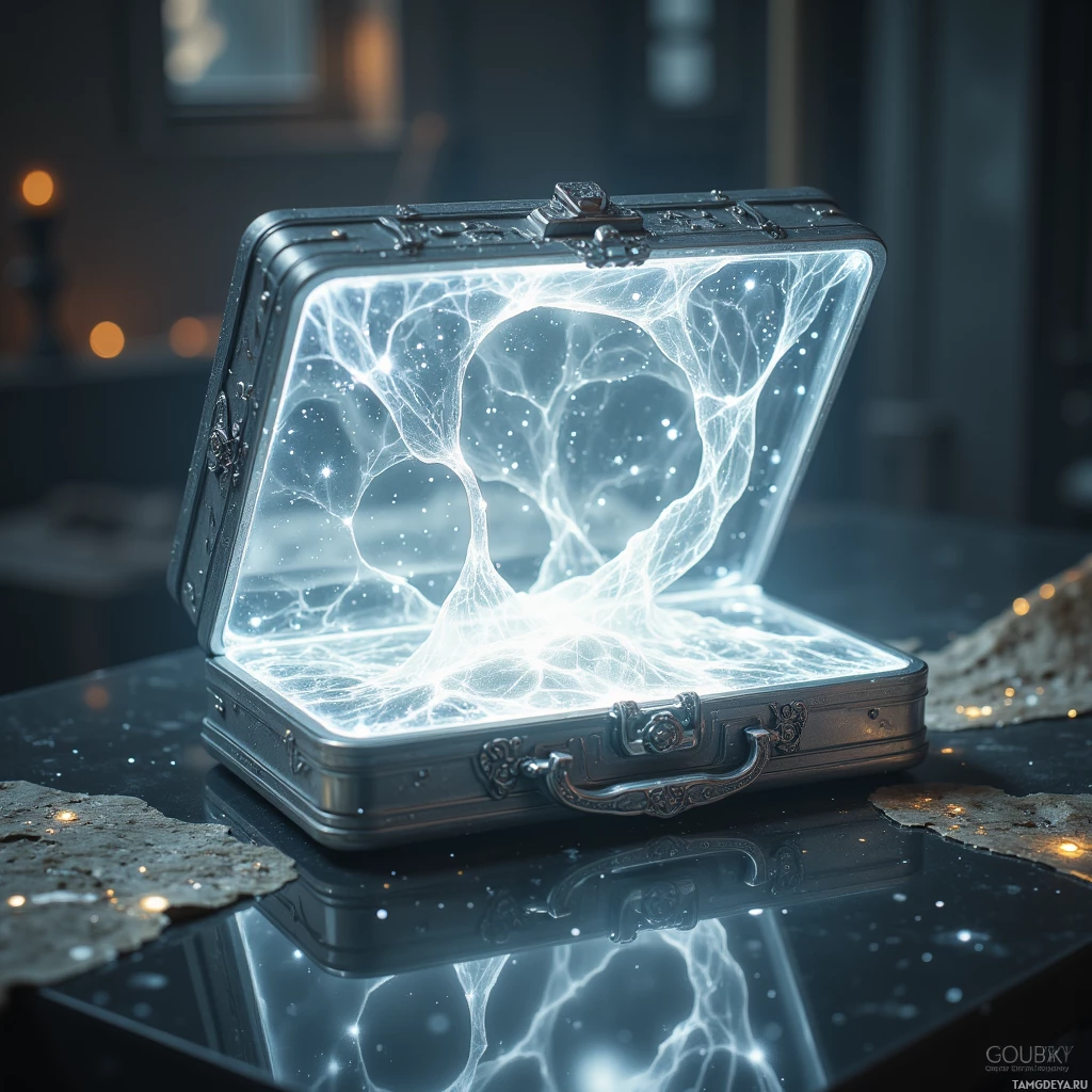 Чемодан с замысловатым, светящимся узором, напоминающим паутину, лежащий на отражающей поверхности.