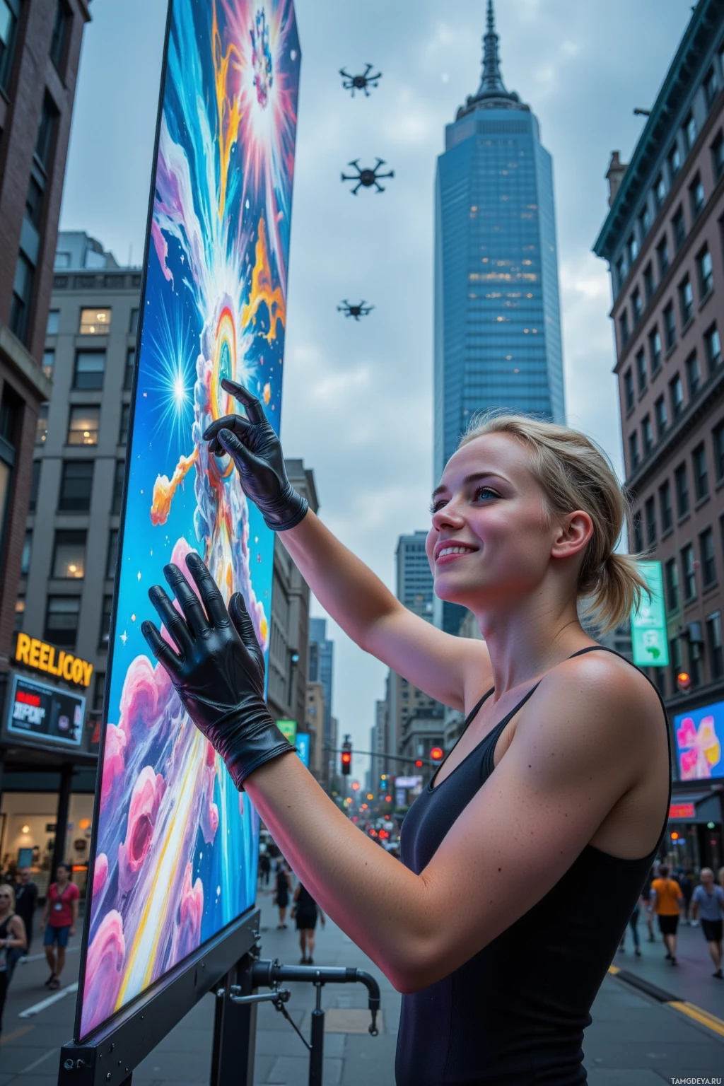 Женщина в черной майке и перчатках взаимодействует с большим цифровым рекламным щитом на фоне городского пейзажа.