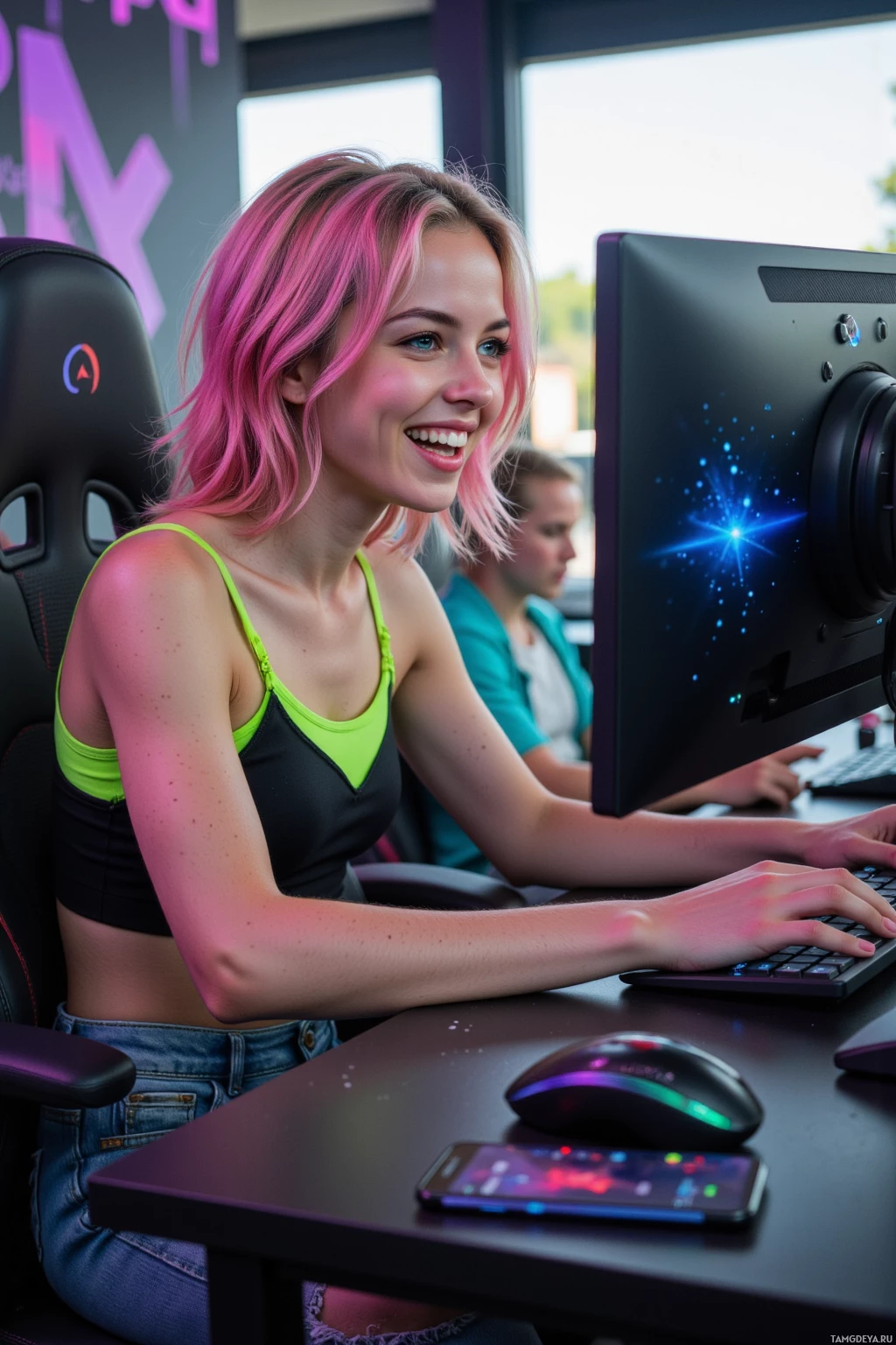 Realistic high quality photo. A lively 24‑year‑old woman with short messy pink ombre hair and bright blue eyes, wearing a black tank top with neon green accents and ripped high‑waisted jeans, laughing while gaming at a high‑tech streaming desk as a colorful glitch flickers across her monitor, with a blurred audience in the background reacting in real time, sunlight streaming through a nearby window.