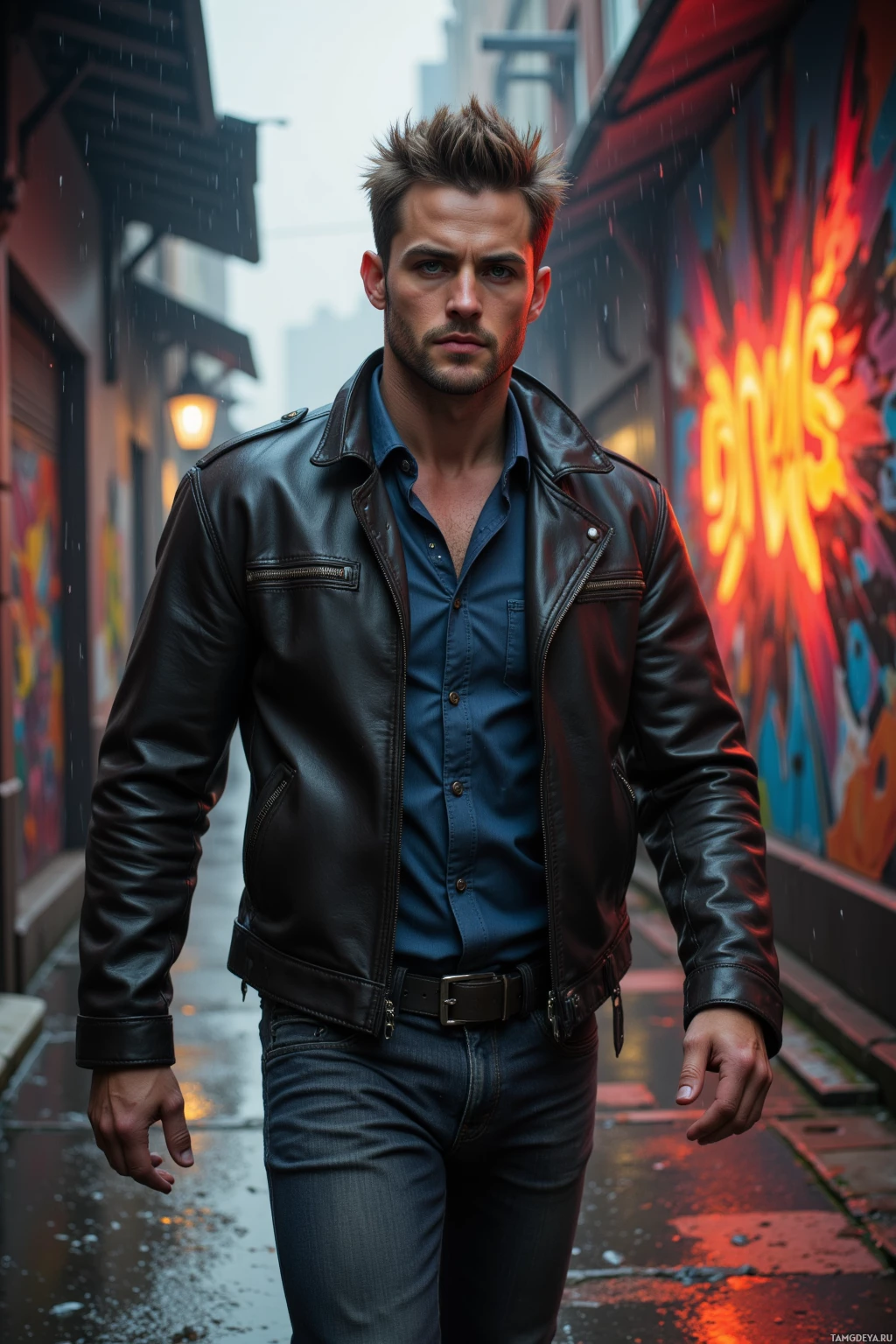 Realistic high quality photo. Male, 29, spiky light brown hair, intense green eyes, angular face, wearing a worn leather jacket and dark jeans, strides determinedly through a rain‑soaked alley at dawn, droplets shimmering on slick concrete, chasing a luminous glitch art mural that flickers before sunrise, exuding a rebellious, street‑smart aura.