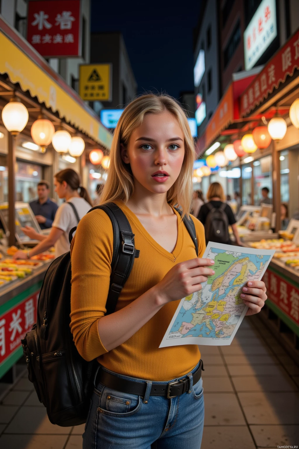 A person wearing a yellow top and jeans holds a map while standing in a bustling market at night.